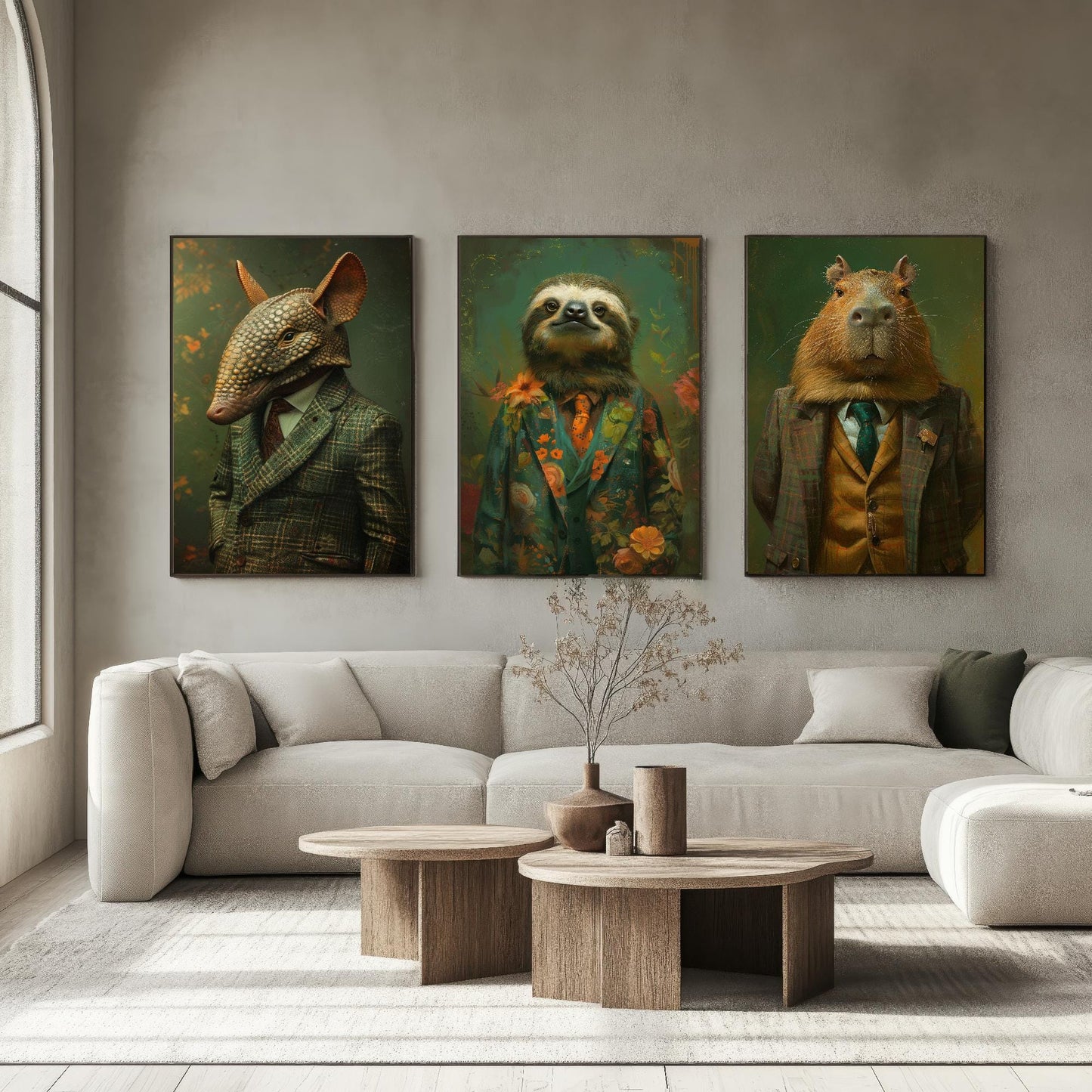 Set of Three Mellow South American Animals Wearing Suits Posters - 3 Armadillo, Sloth, Capybara Art Prints - Photo Painting Wall Flow Cute