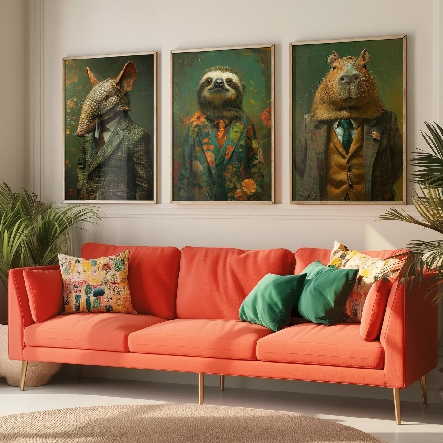 Set of Three Mellow South American Animals Wearing Suits Posters - 3 Armadillo, Sloth, Capybara Art Prints - Photo Painting Wall Flow Cute