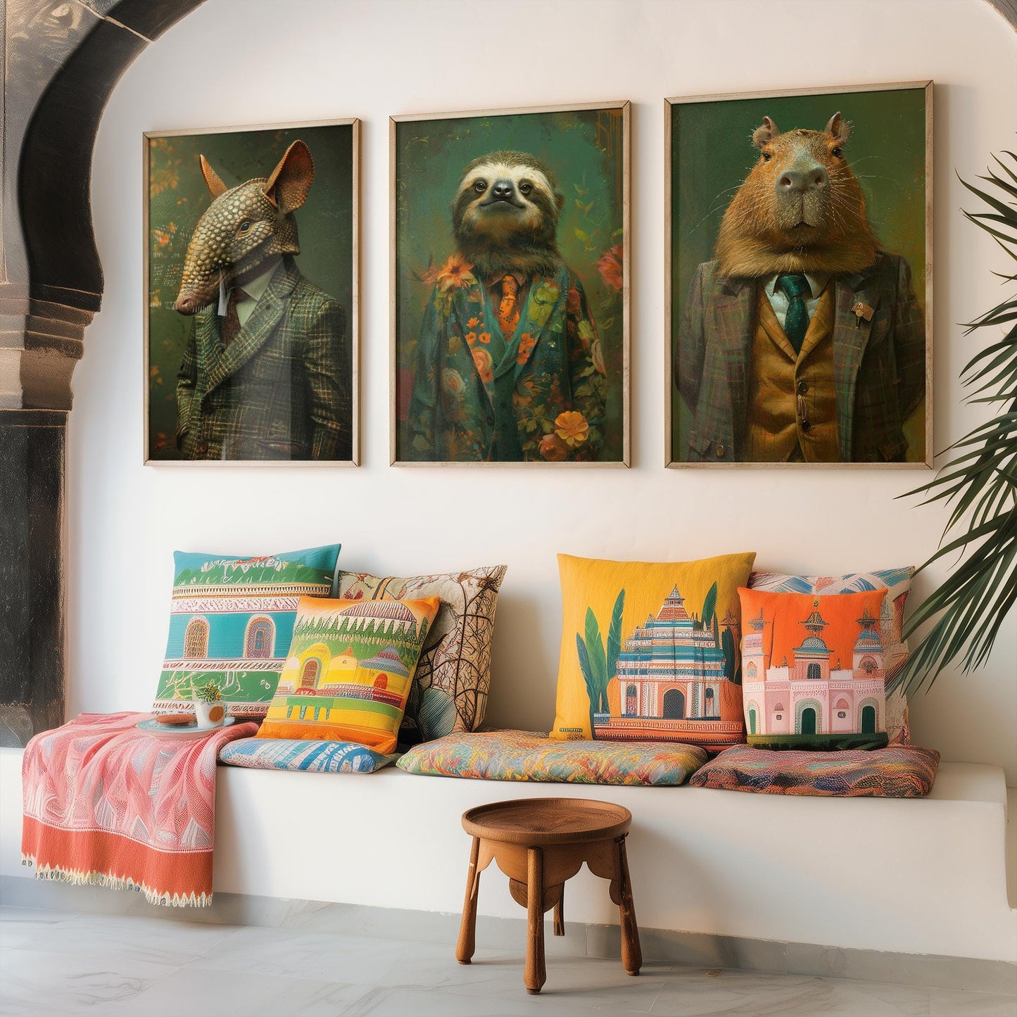 Set of Three Mellow South American Animals Wearing Suits Posters - 3 Armadillo, Sloth, Capybara Art Prints - Photo Painting Wall Flow Cute