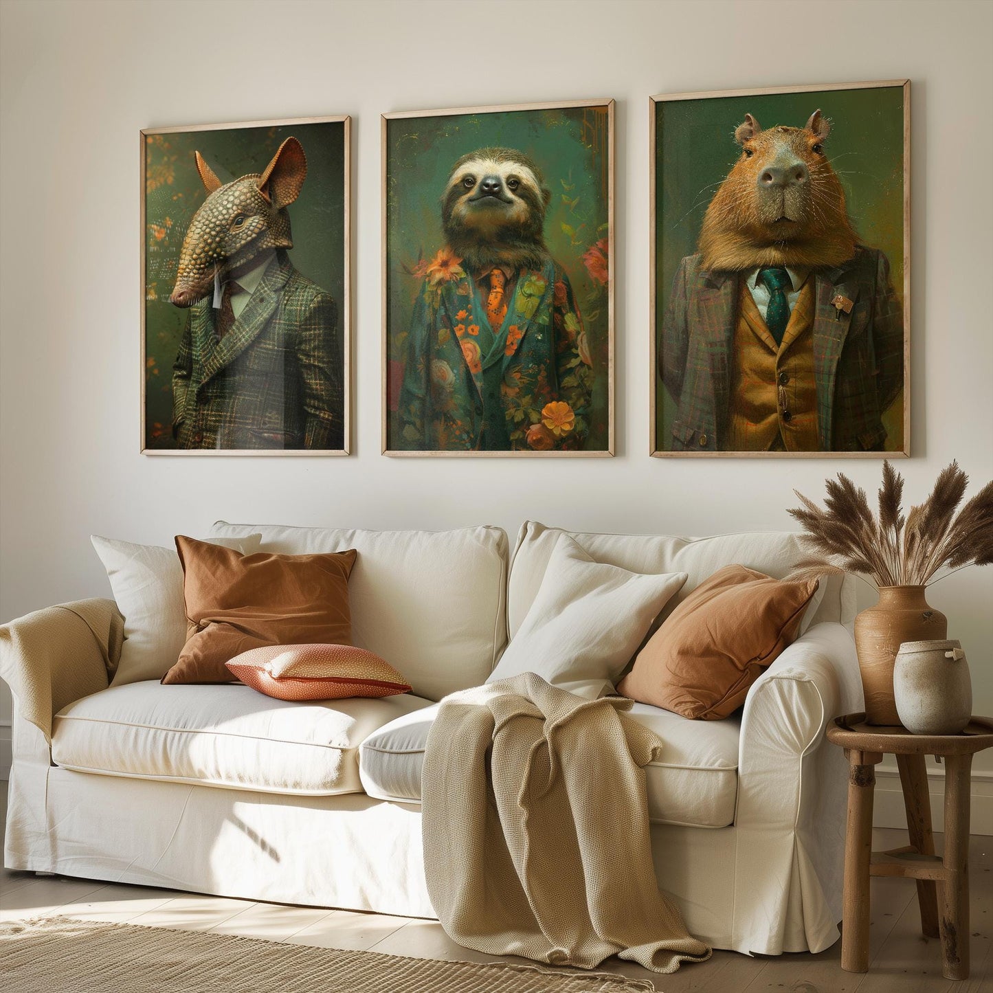 Set of Three Mellow South American Animals Wearing Suits Posters - 3 Armadillo, Sloth, Capybara Art Prints - Photo Painting Wall Flow Cute