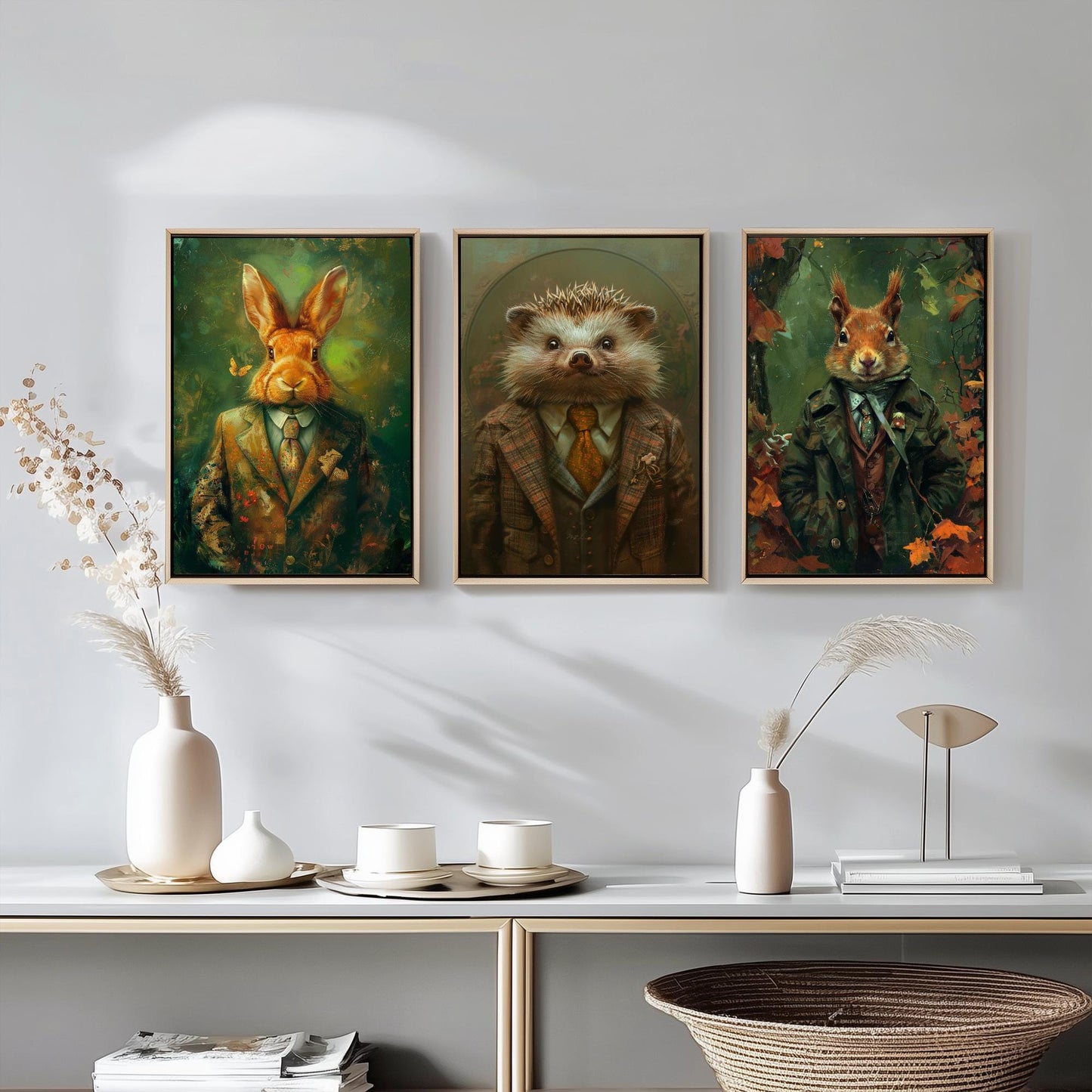Set of Three Woodland Charmers Animals Wearing Suits Posters - 3 Rabbit, Hedgehog, Squirrel Art Prints - Photo Painting Wall Cosy Appeal