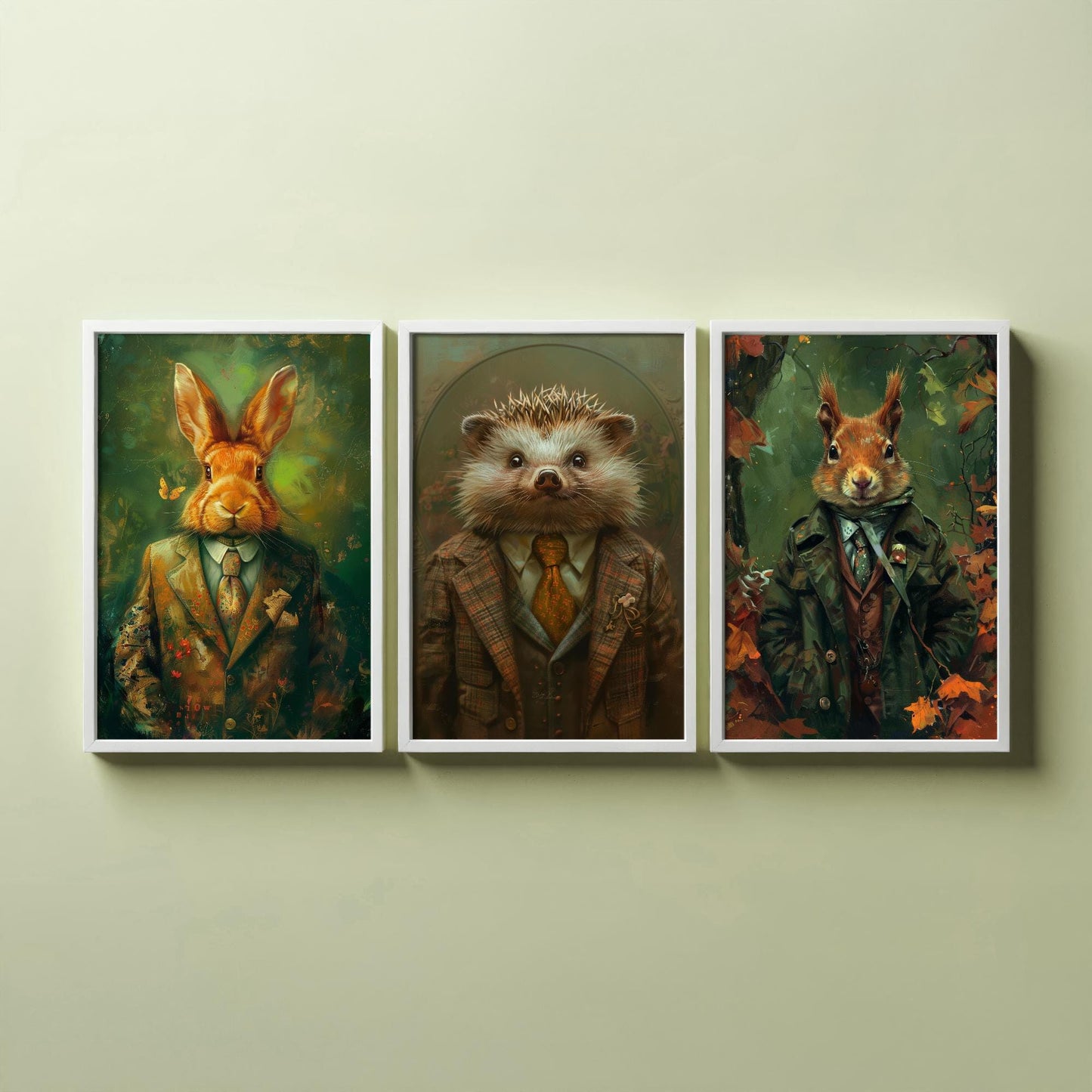 Set of Three Woodland Charmers Animals Wearing Suits Posters - 3 Rabbit, Hedgehog, Squirrel Art Prints - Photo Painting Wall Cosy Appeal