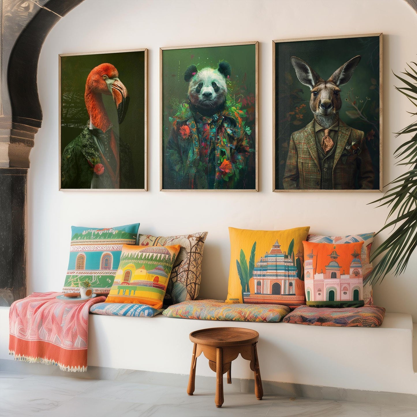 Flamingo, Panda and Kangaroo Set of Three Animals Wearing Suits Posters - 3 Art Prints - Photo Painting Wall Cute Iconic Creatures Bamboo