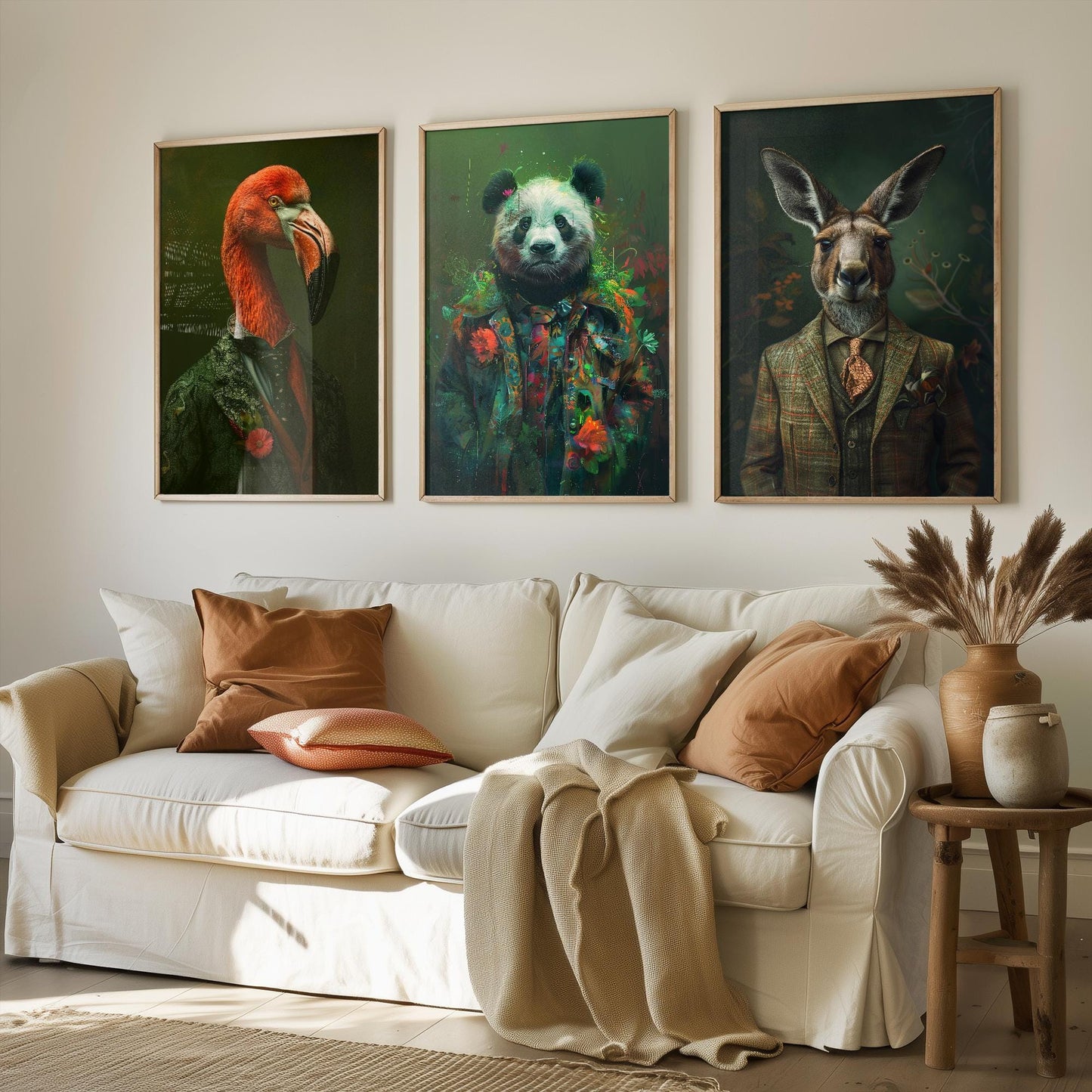 Flamingo, Panda and Kangaroo Set of Three Animals Wearing Suits Posters - 3 Art Prints - Photo Painting Wall Cute Iconic Creatures Bamboo