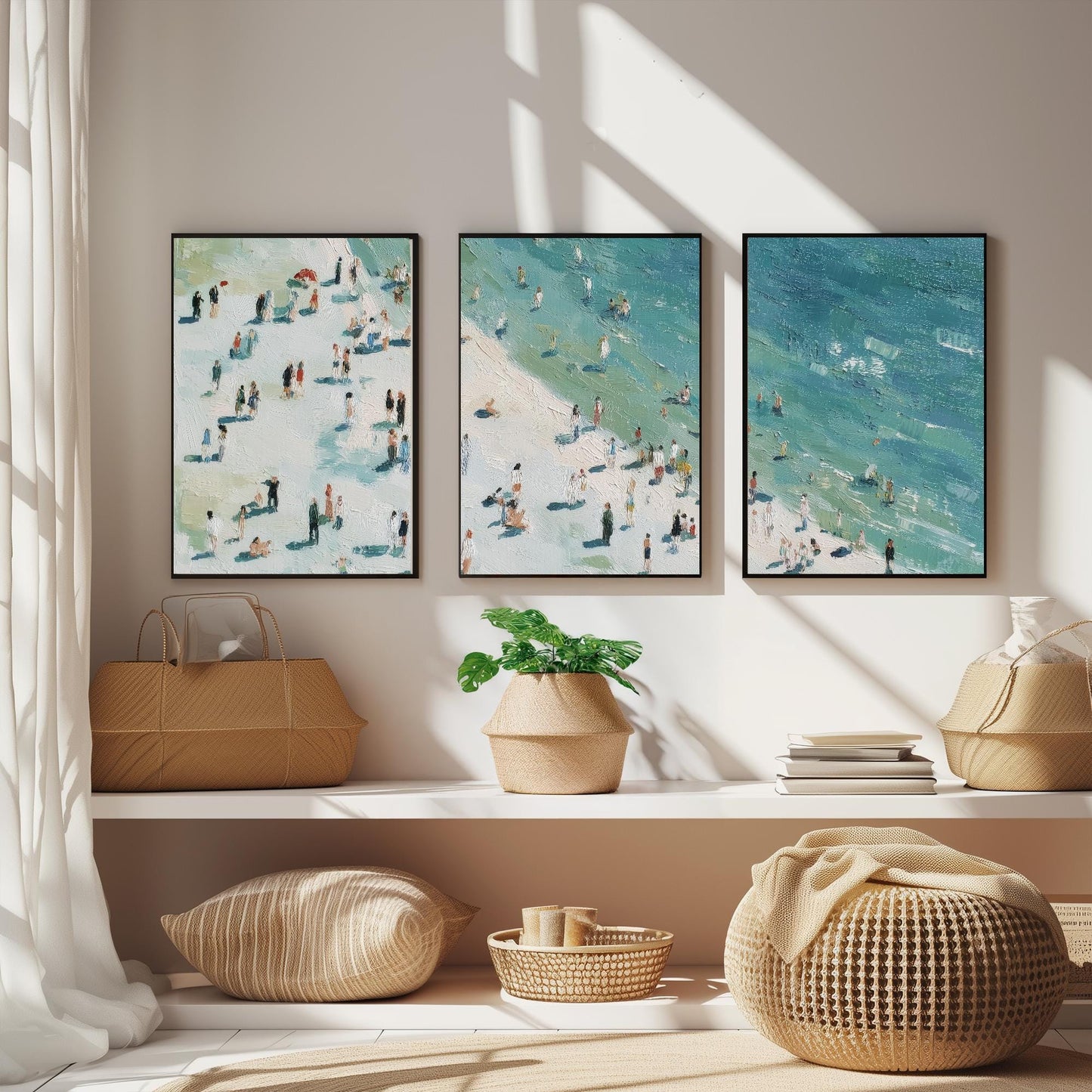 Aerial View of Whitby Beach Set of Three Posters - Populated Illustration of Ocean - 3 Art Prints Painting Sand Waves North Yorkshire