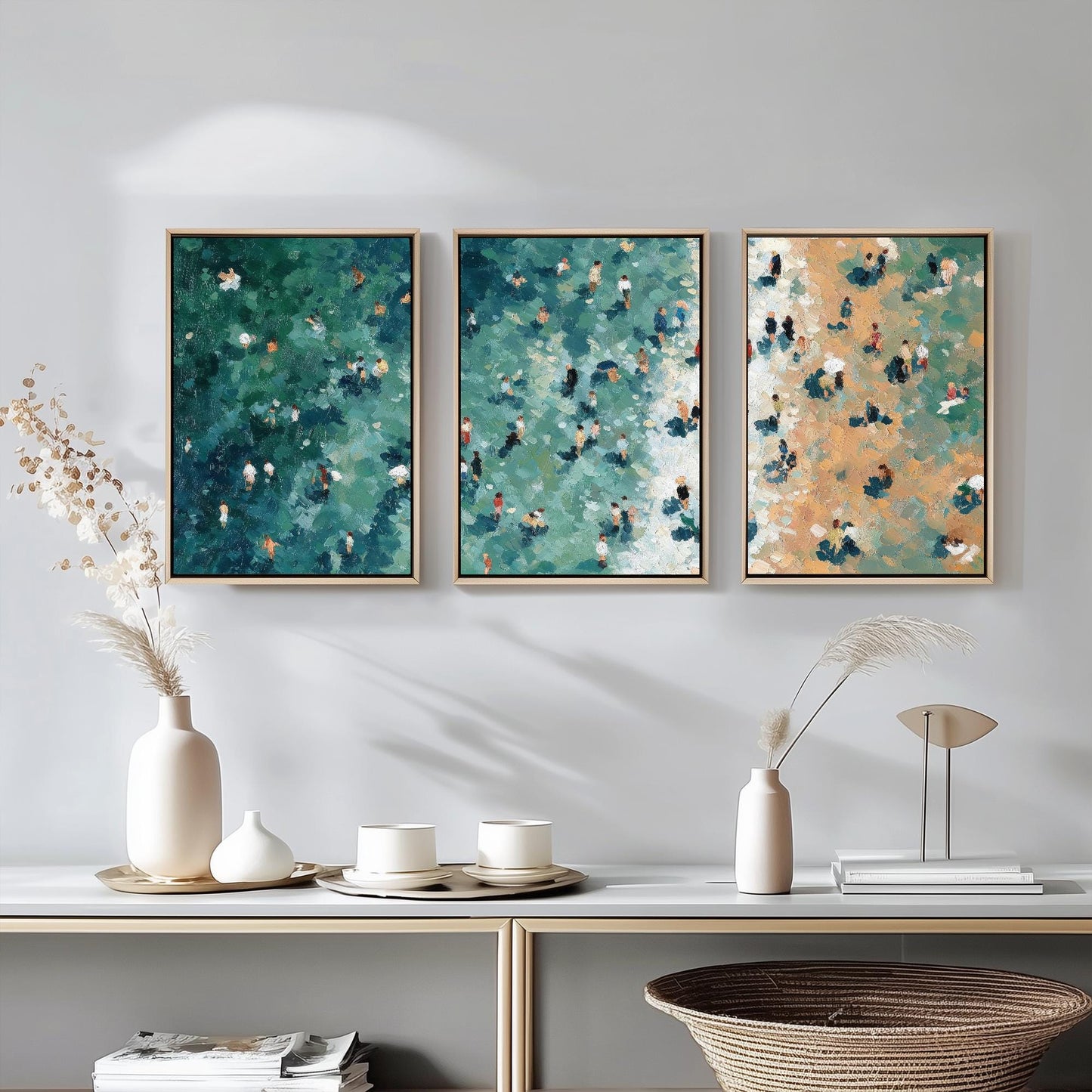 Aerial View of Camber Sands Beach Set of Three Posters - Populated Illustration of Ocean - 3 Art Prints Painting Sand Waves East Sussex Rye