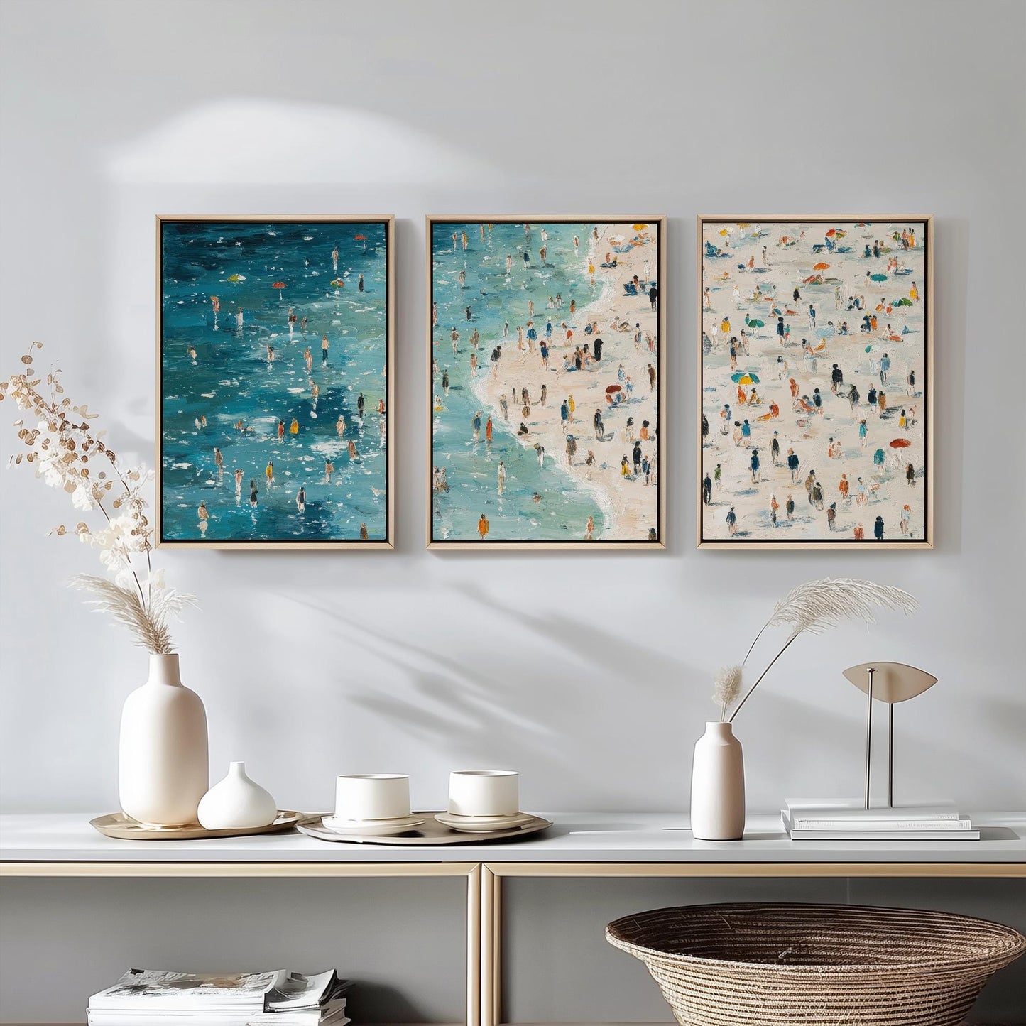 Aerial View of Aberystwyth South Beach Set of Three Posters - Populated Illustration of Ocean - 3 Art Prints Painting Sand Waves Wales