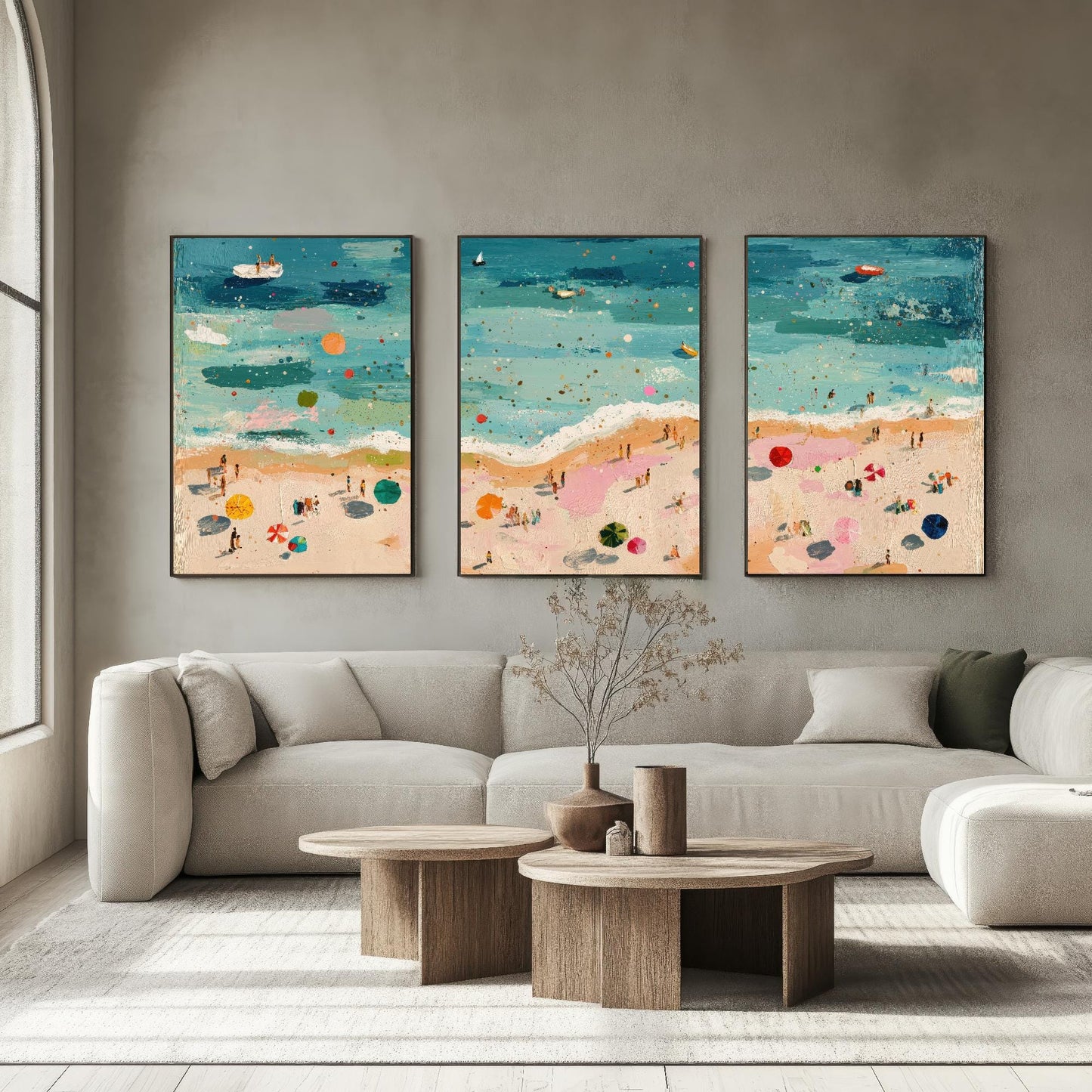 Aerial View of Great Yarmouth Beach Set of Three Posters - Populated Illustration of Ocean - 3 Art Prints Painting Sand Waves Hopton-on-Sea