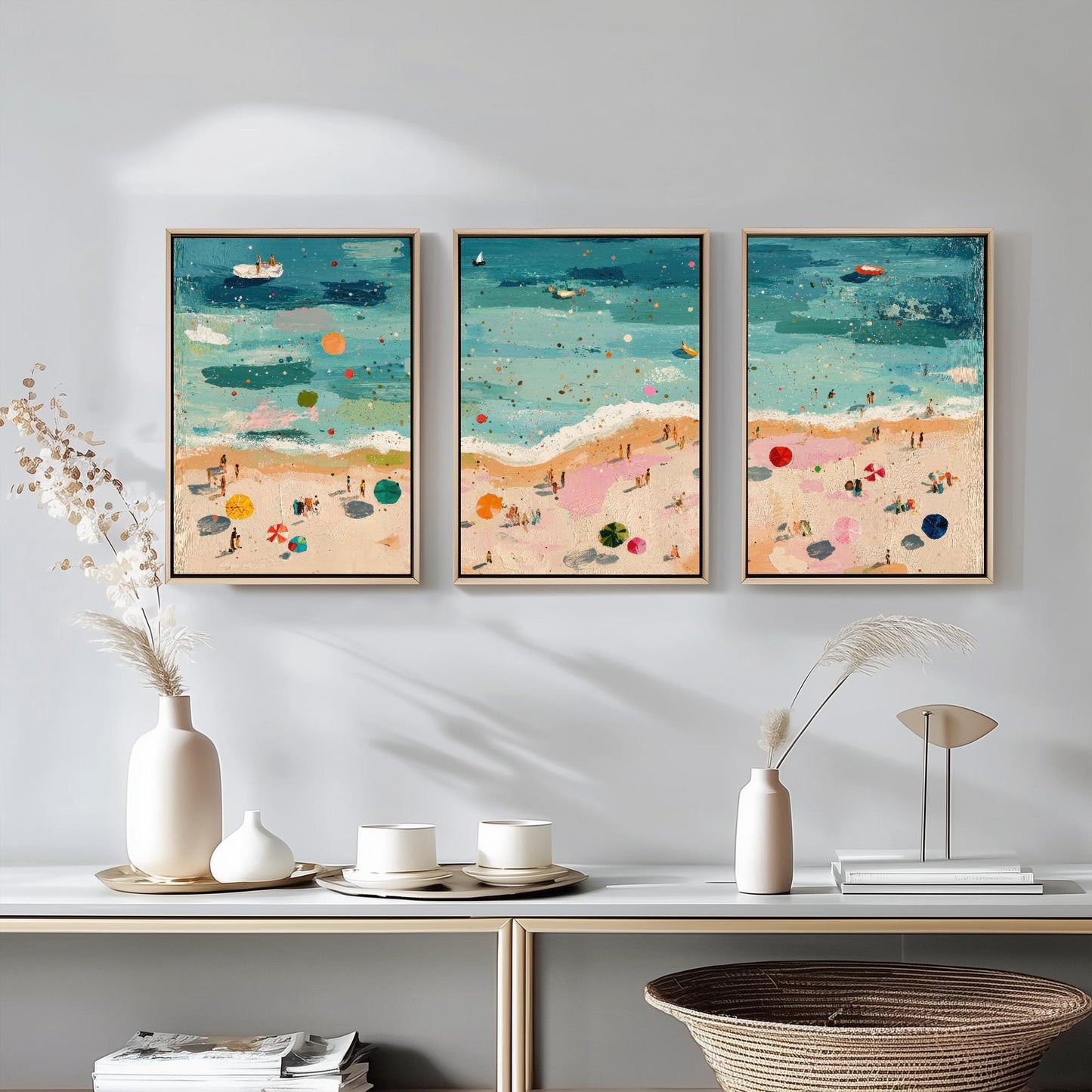 Aerial View of Great Yarmouth Beach Set of Three Posters - Populated Illustration of Ocean - 3 Art Prints Painting Sand Waves Hopton-on-Sea