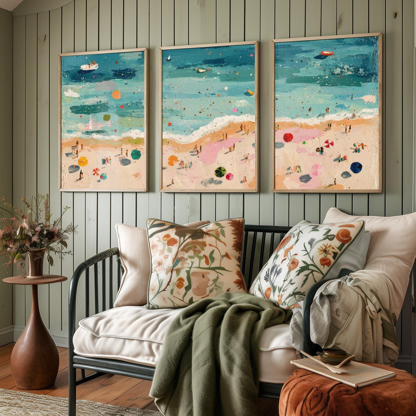 Aerial View of Great Yarmouth Beach Set of Three Posters - Populated Illustration of Ocean - 3 Art Prints Painting Sand Waves Hopton-on-Sea
