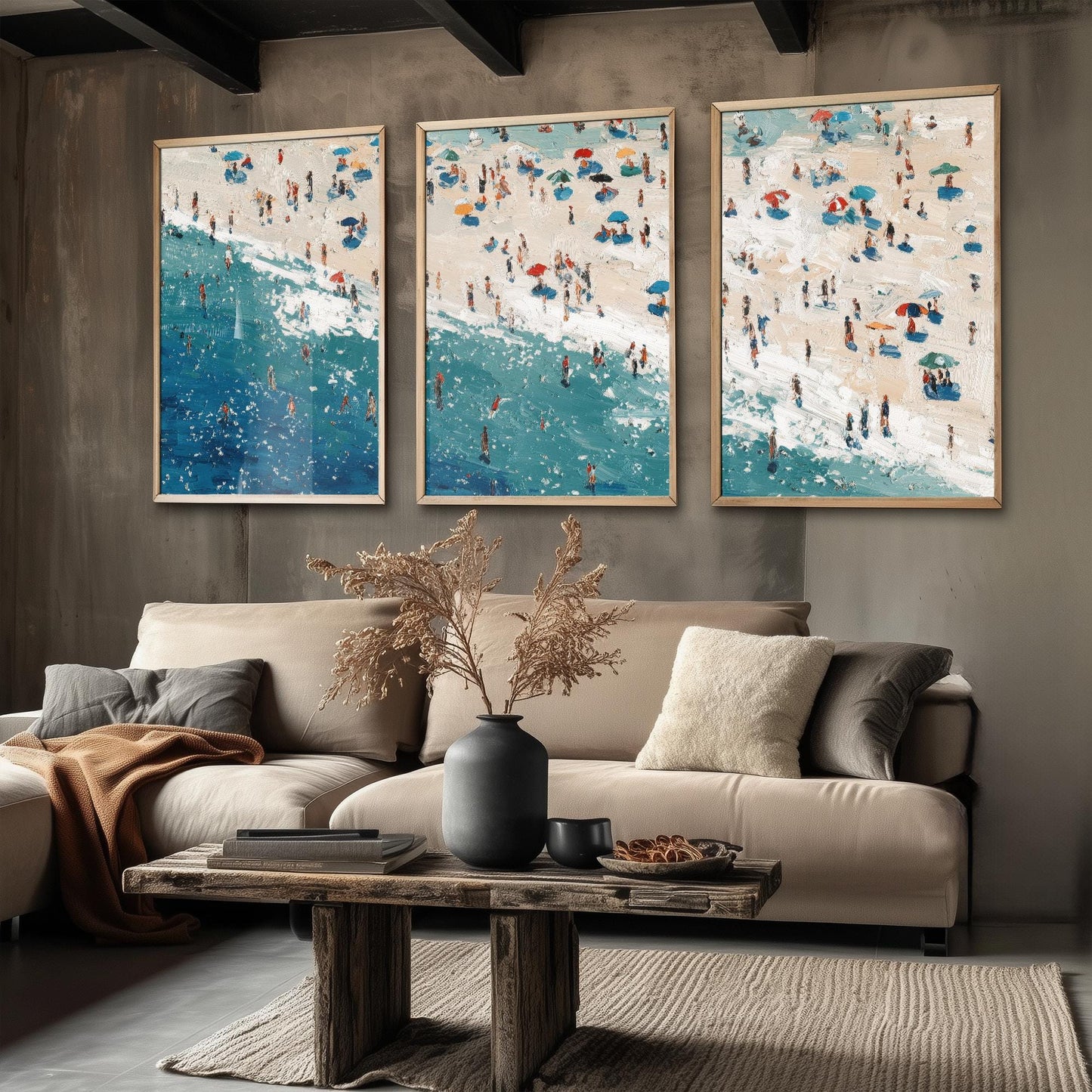 Aerial View of Perranporth Beach Set of Three Posters - Populated Illustration of Ocean - 3 Art Prints Painting Sand Waves Hopton-on-Sea