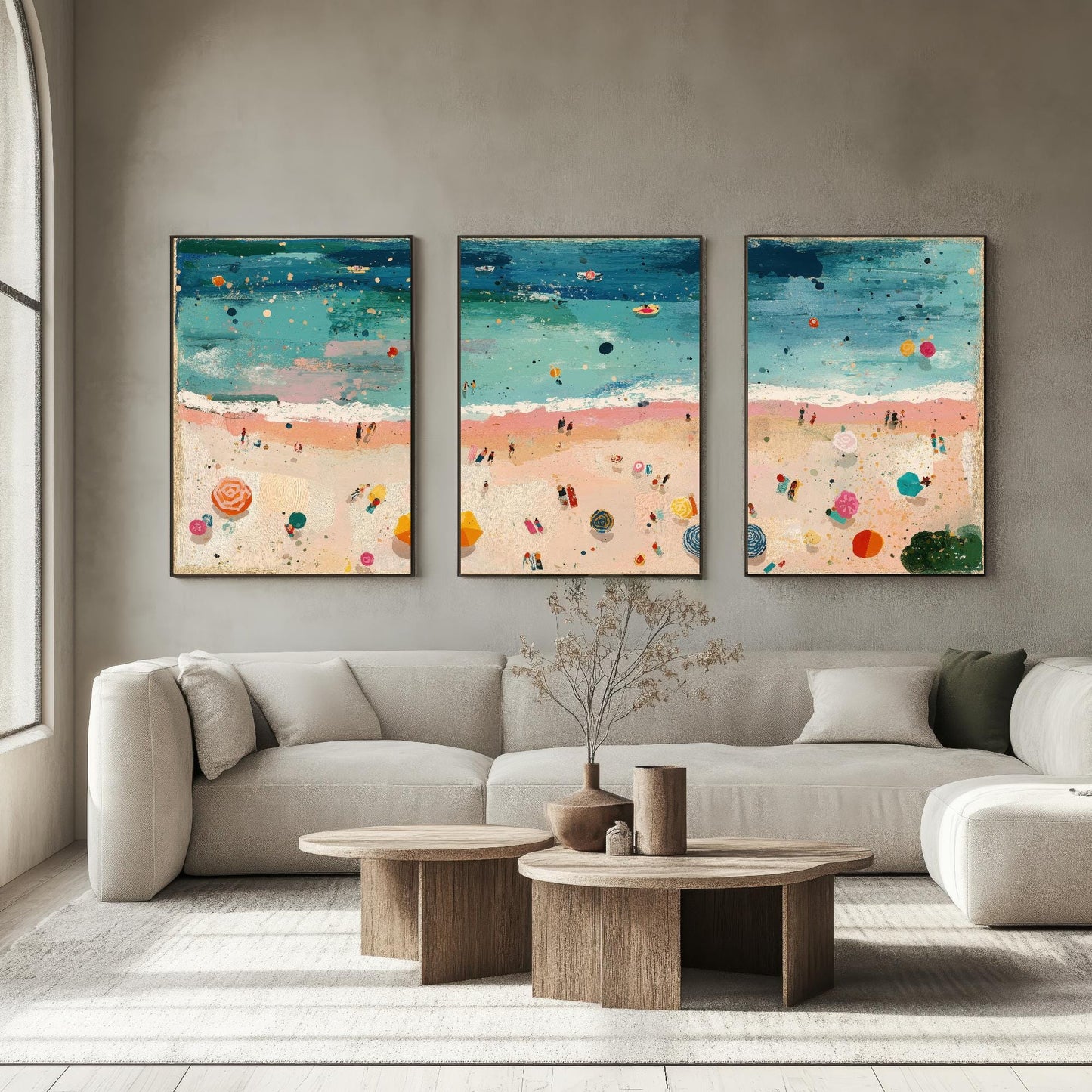 Aerial View of Weston-Super-Mare Beach Set of Three Posters - Populated Illustration of Ocean - 3 Art Prints Painting Sand Waves Mudflats