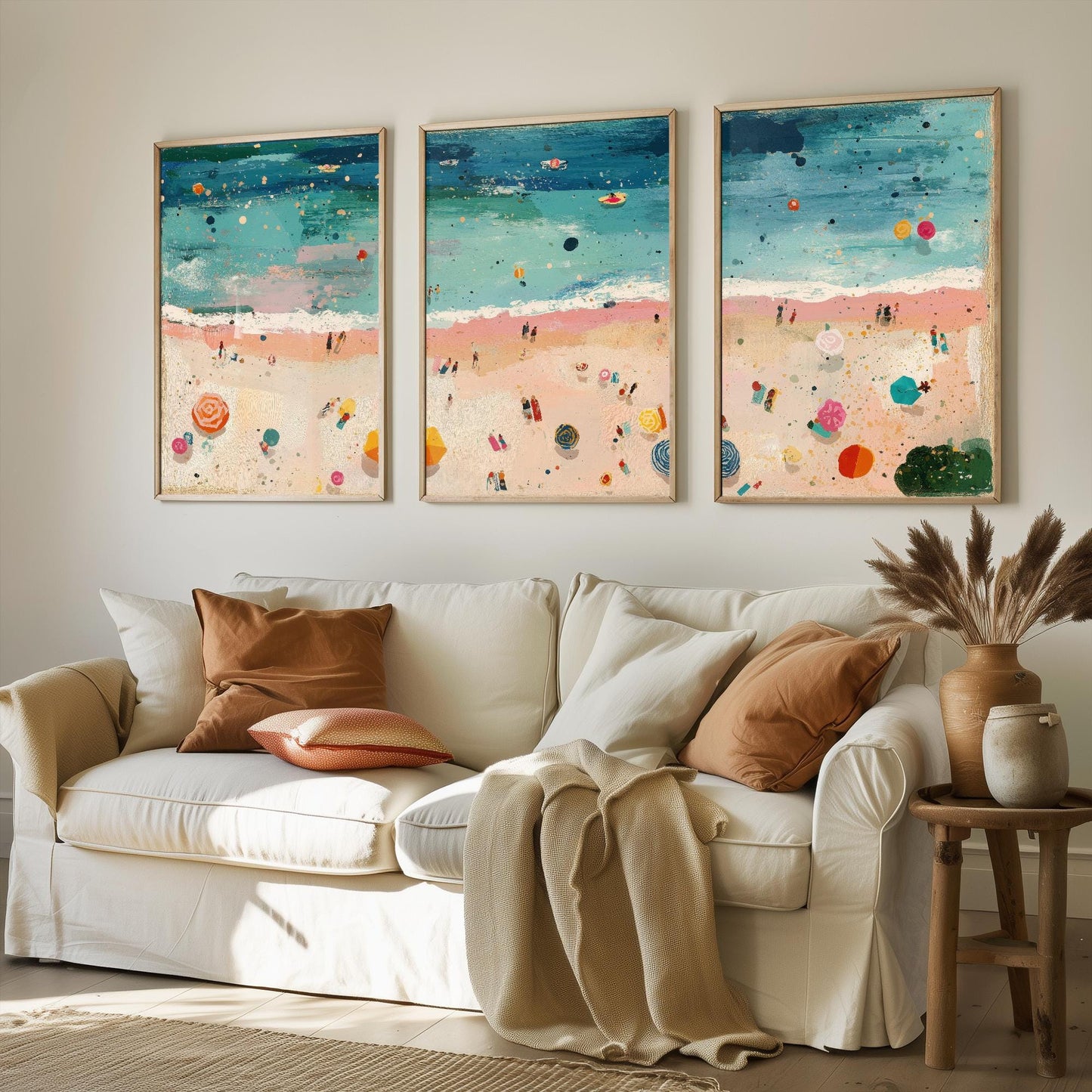 Aerial View of Weston-Super-Mare Beach Set of Three Posters - Populated Illustration of Ocean - 3 Art Prints Painting Sand Waves Mudflats