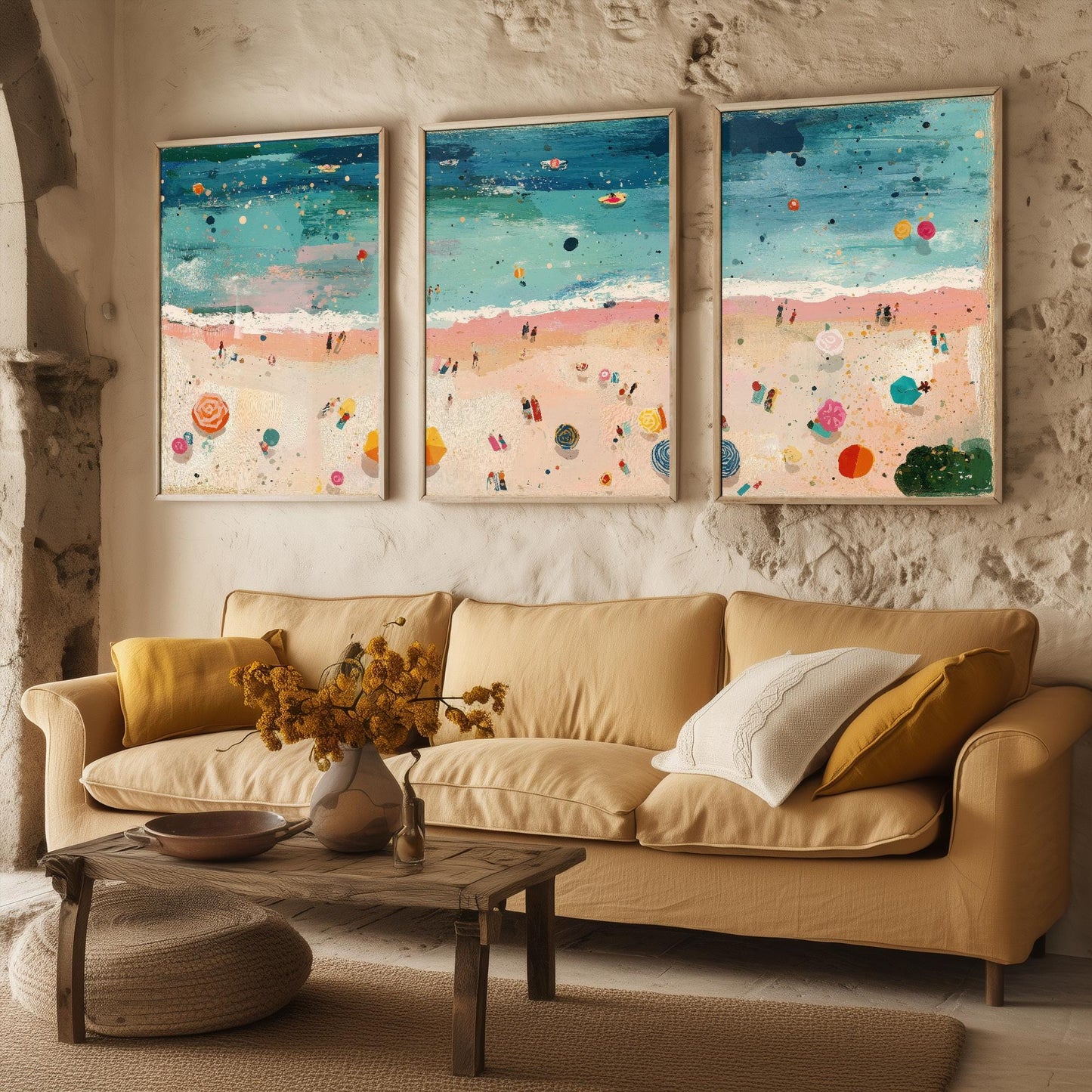 Aerial View of Weston-Super-Mare Beach Set of Three Posters - Populated Illustration of Ocean - 3 Art Prints Painting Sand Waves Mudflats