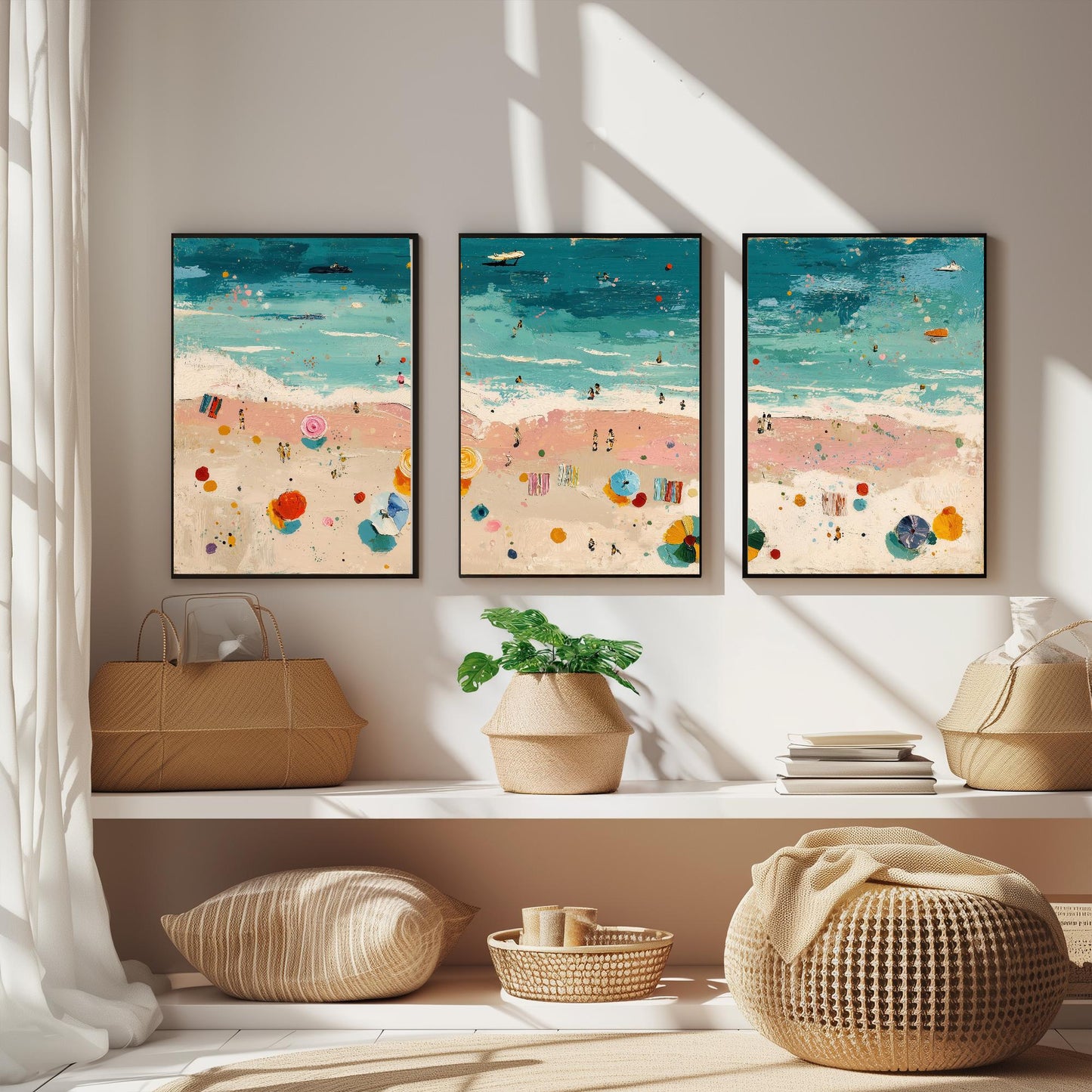Aerial View of Blackpool Beach Set of Three Posters - Populated Illustration of Ocean - 3 Art Prints Painting Sand Waves South Shore