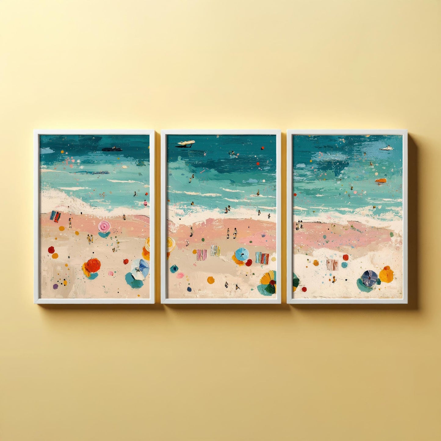 Aerial View of Blackpool Beach Set of Three Posters - Populated Illustration of Ocean - 3 Art Prints Painting Sand Waves South Shore