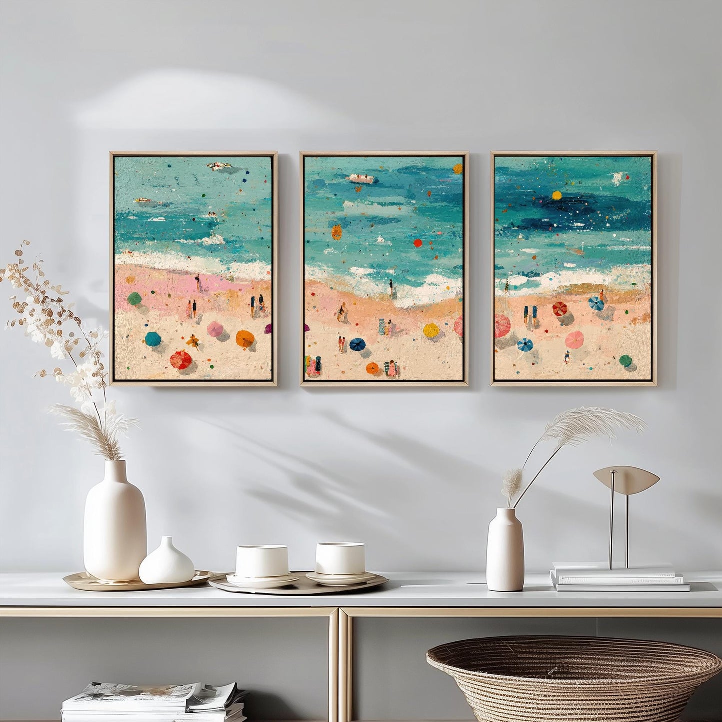Aerial View of Scarborough South Bay Beach Set of Three Posters - Populated Illustration of Ocean - 3 Art Prints Painting Sand Waves