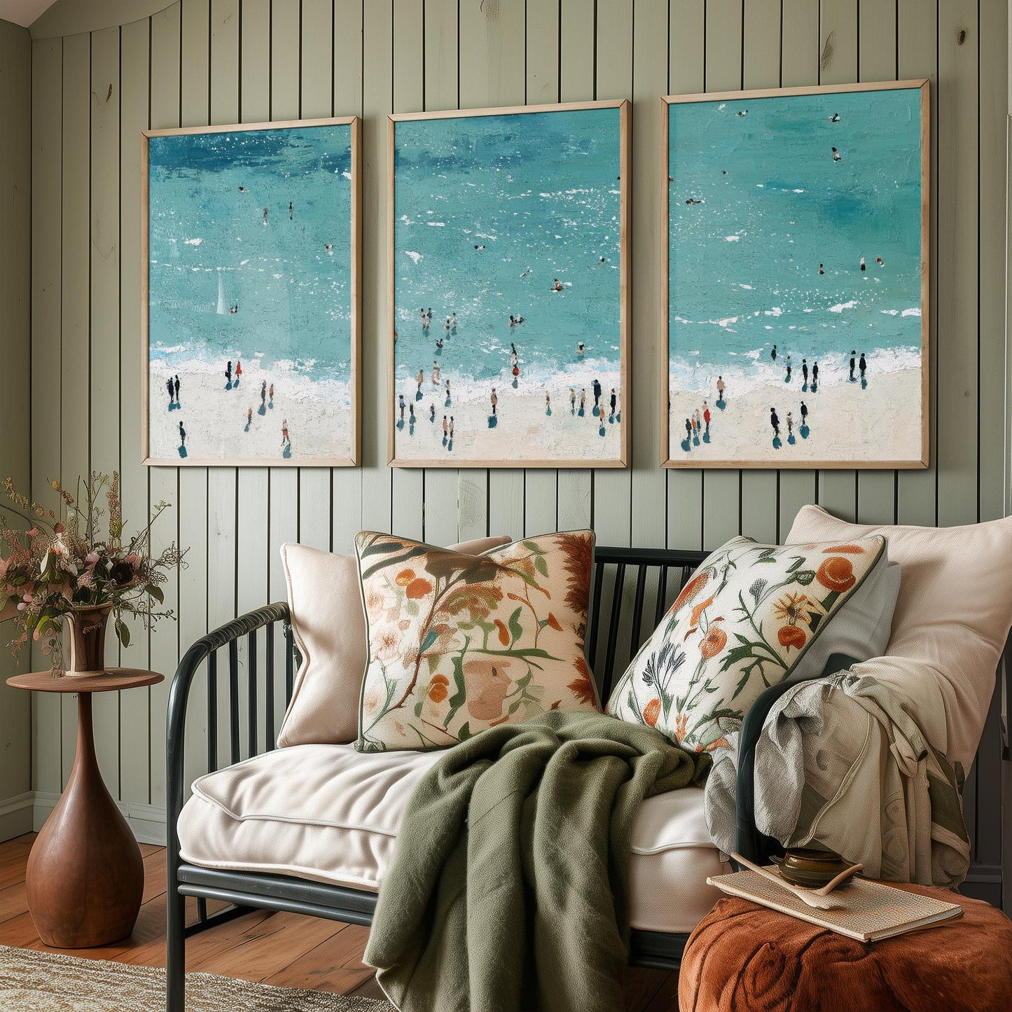 Aerial View of Rhossili Bay Beach Set of Three Posters - Populated Illustration of Ocean - 3 Art Prints Painting Sand Waves Gower Peninsula