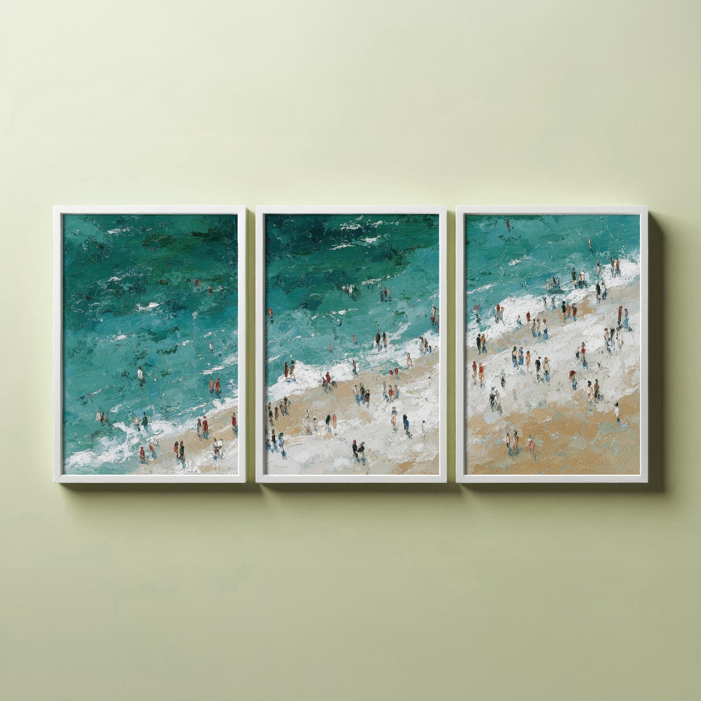 Aerial View of Woolacombe Beach Set of Three Posters - Populated Illustration of Ocean - 3 Art Prints Painting Sand Waves North Devon Coast