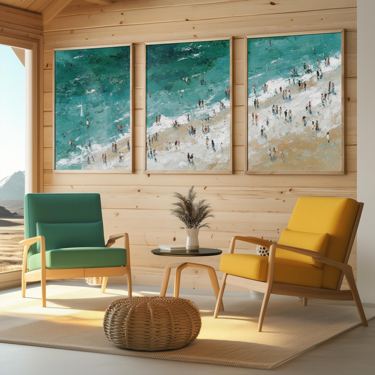 Aerial View of Woolacombe Beach Set of Three Posters - Populated Illustration of Ocean - 3 Art Prints Painting Sand Waves North Devon Coast