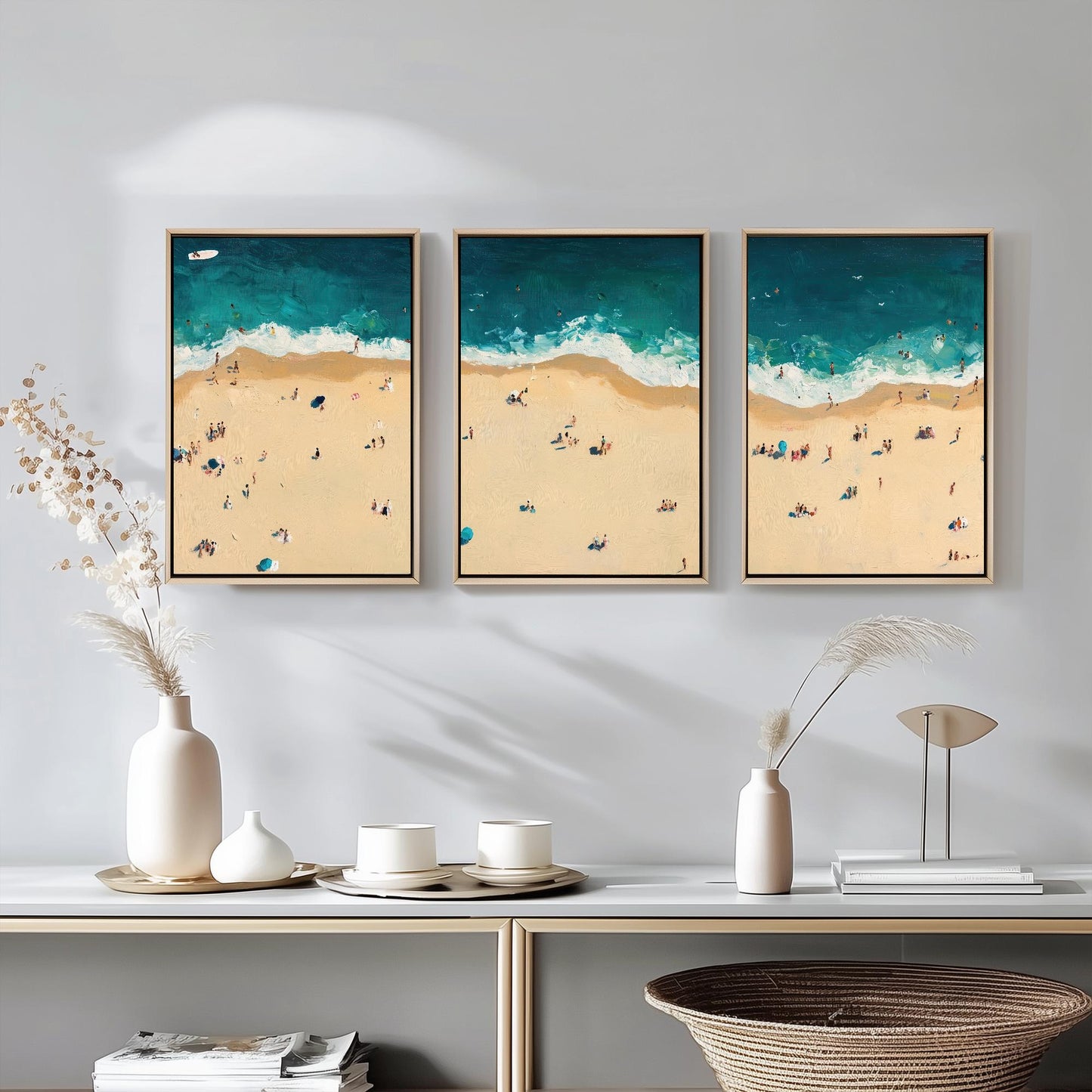 Aerial View of Bournemouth Beach Set of Three Posters - Populated Illustration of Ocean - 3 Art Prints Painting Sand Waves Coastal Sands