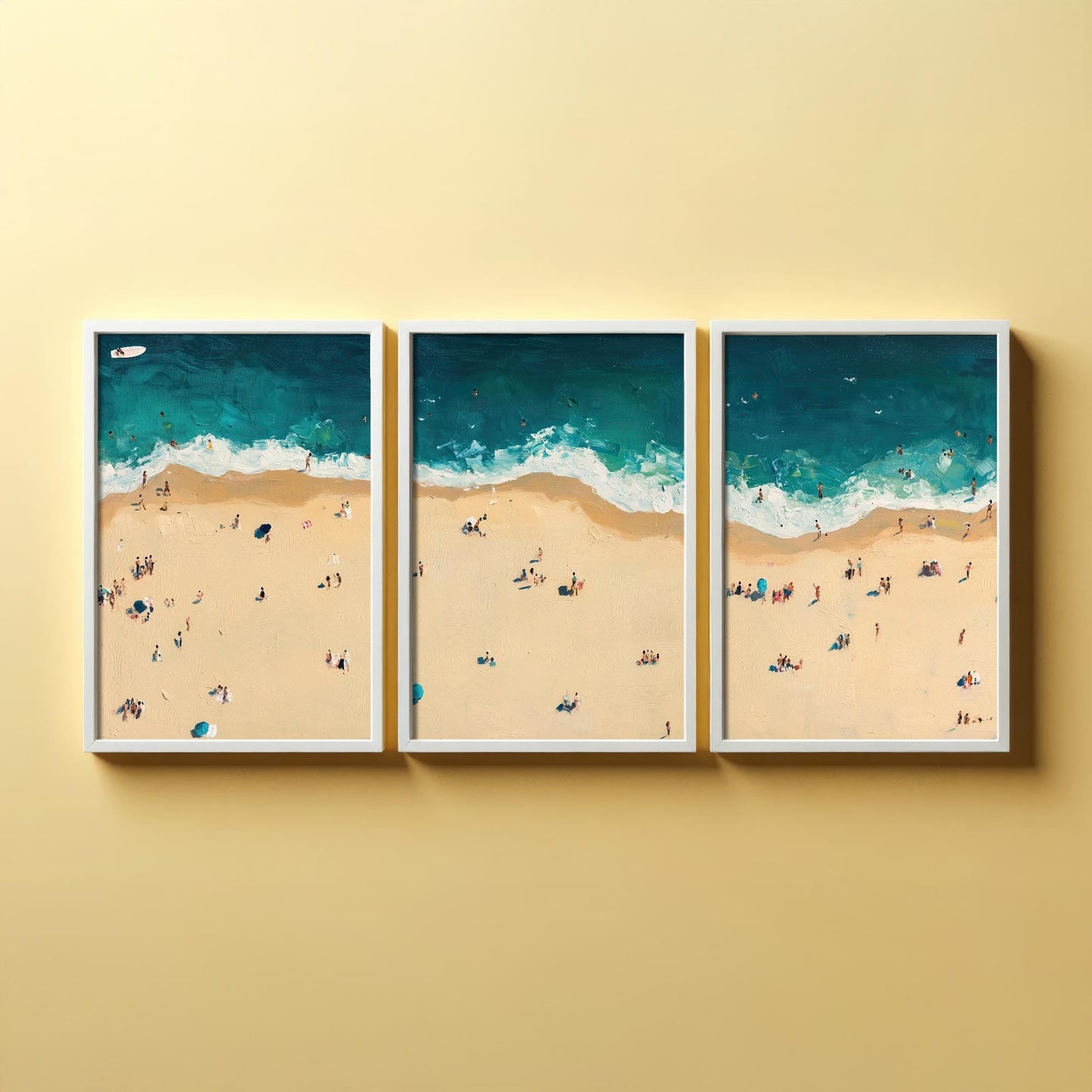 Aerial View of Bournemouth Beach Set of Three Posters - Populated Illustration of Ocean - 3 Art Prints Painting Sand Waves Coastal Sands