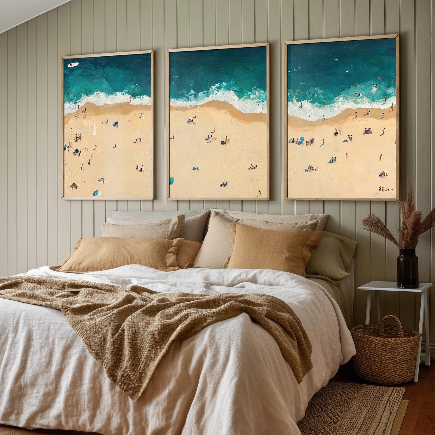 Aerial View of Bournemouth Beach Set of Three Posters - Populated Illustration of Ocean - 3 Art Prints Painting Sand Waves Coastal Sands