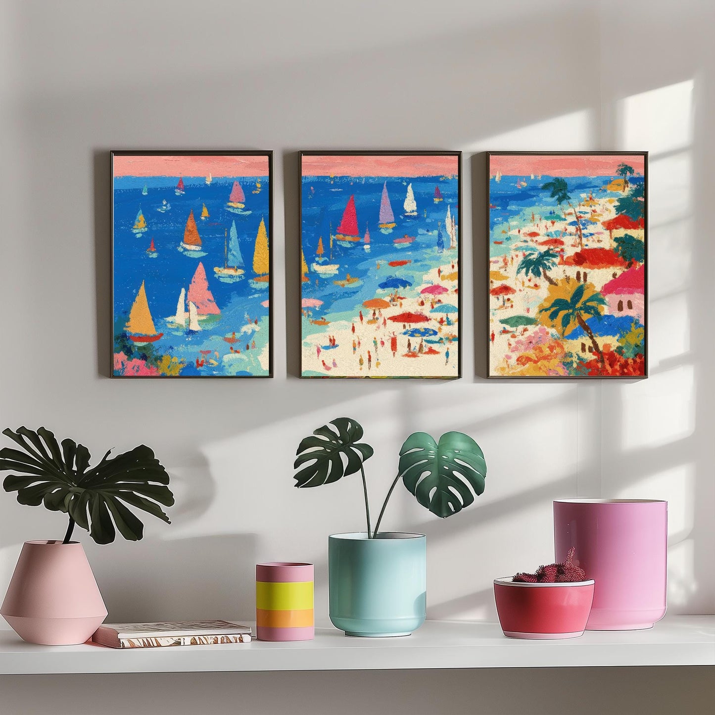 Aerial View of Porthminster Beach Set of Three Posters - Populated Illustration of Ocean - 3 Art Prints Painting Sand Waves Coastal Cornwall