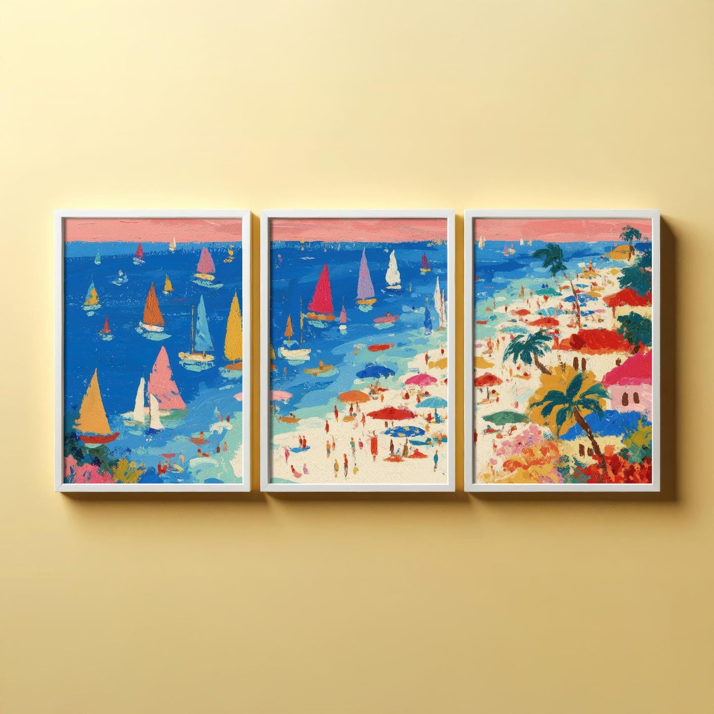 Aerial View of Porthminster Beach Set of Three Posters - Populated Illustration of Ocean - 3 Art Prints Painting Sand Waves Coastal Cornwall