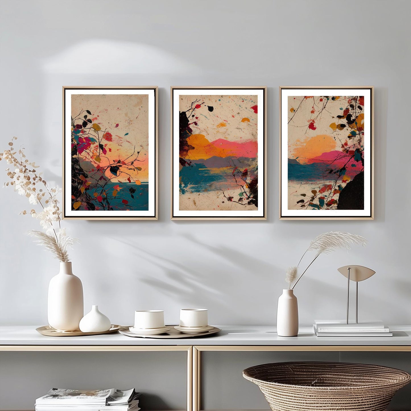 Beautiful Splash Landscape in Pink Orange and Blue - Set of Three Art Prints - 3 Poster Painting Ocean Mountain Impressionist Gift