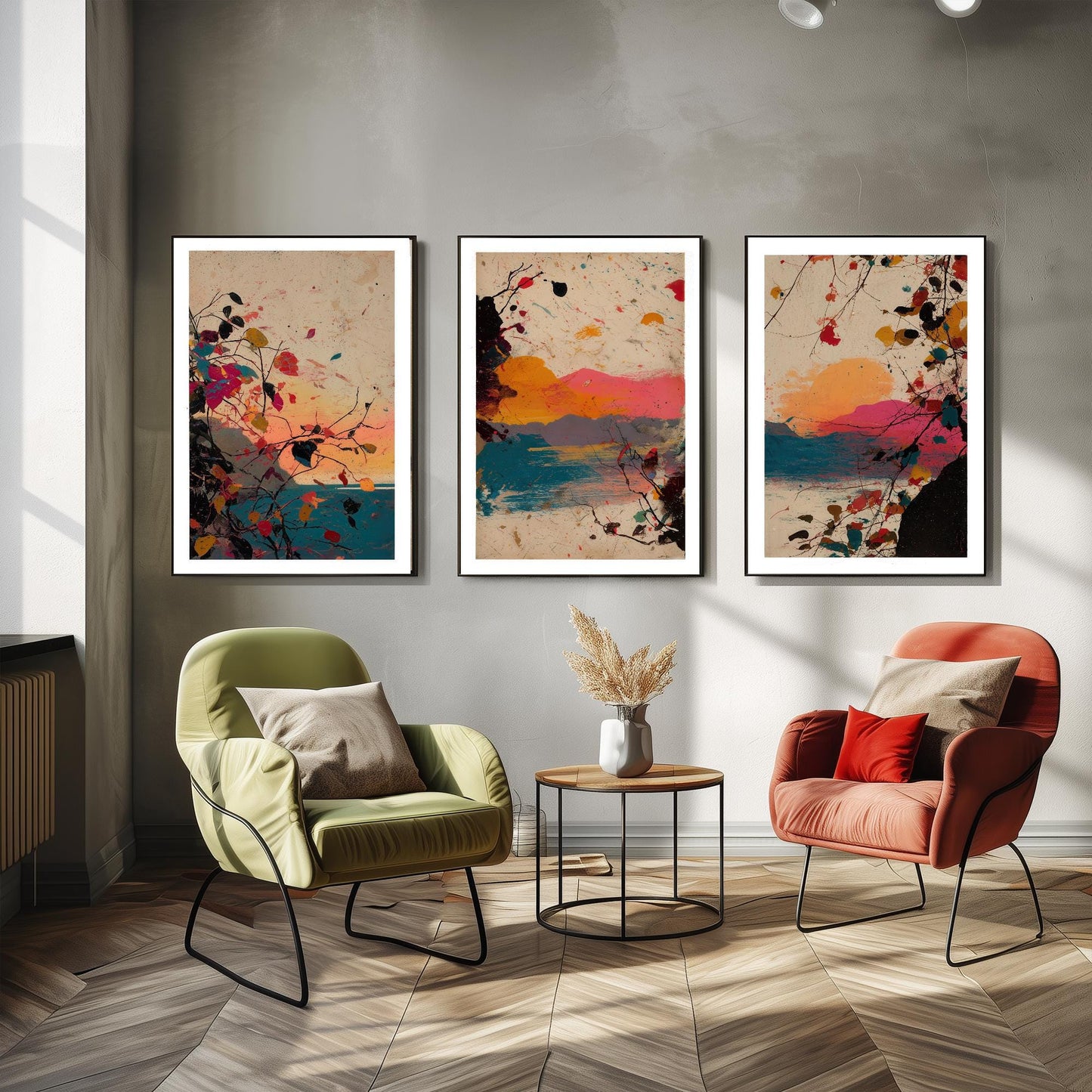 Beautiful Splash Landscape in Pink Orange and Blue - Set of Three Art Prints - 3 Poster Painting Ocean Mountain Impressionist Gift