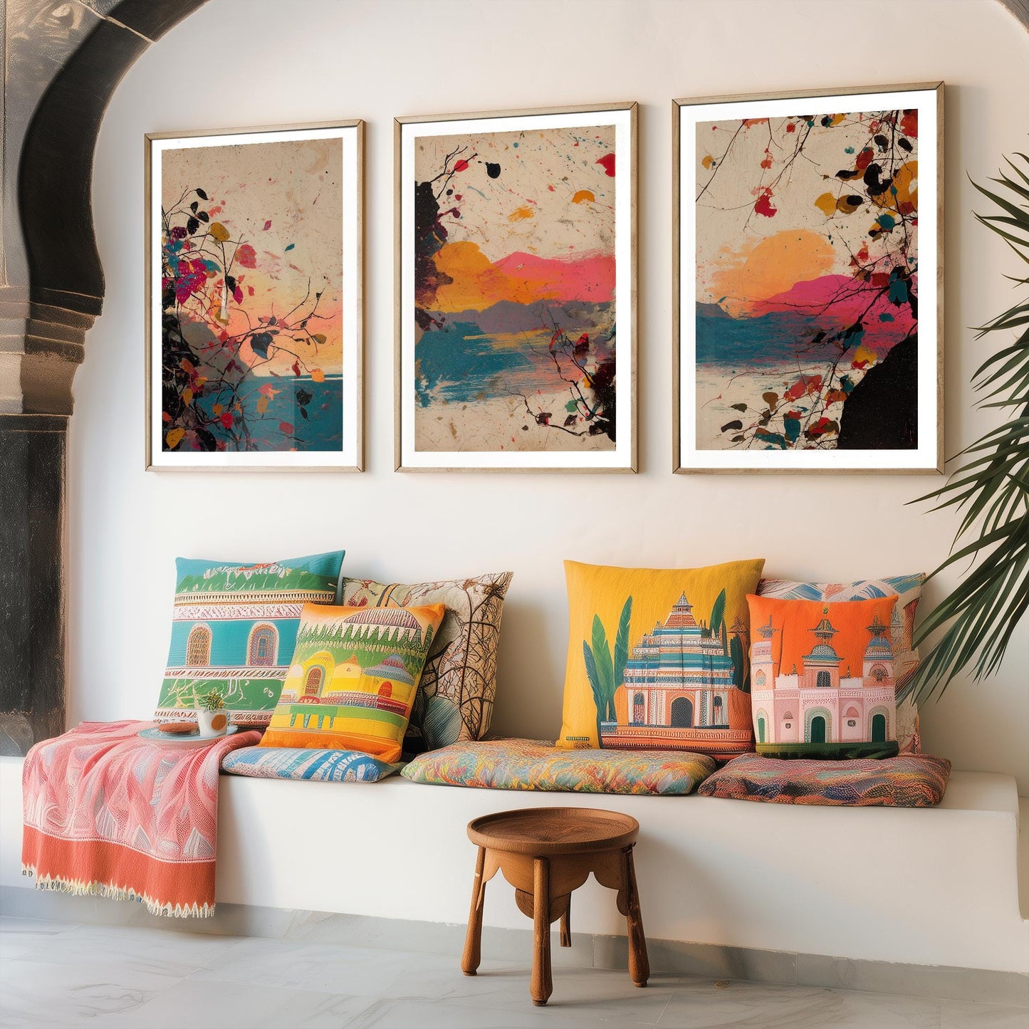 Beautiful Splash Landscape in Pink Orange and Blue - Set of Three Art Prints - 3 Poster Painting Ocean Mountain Impressionist Gift