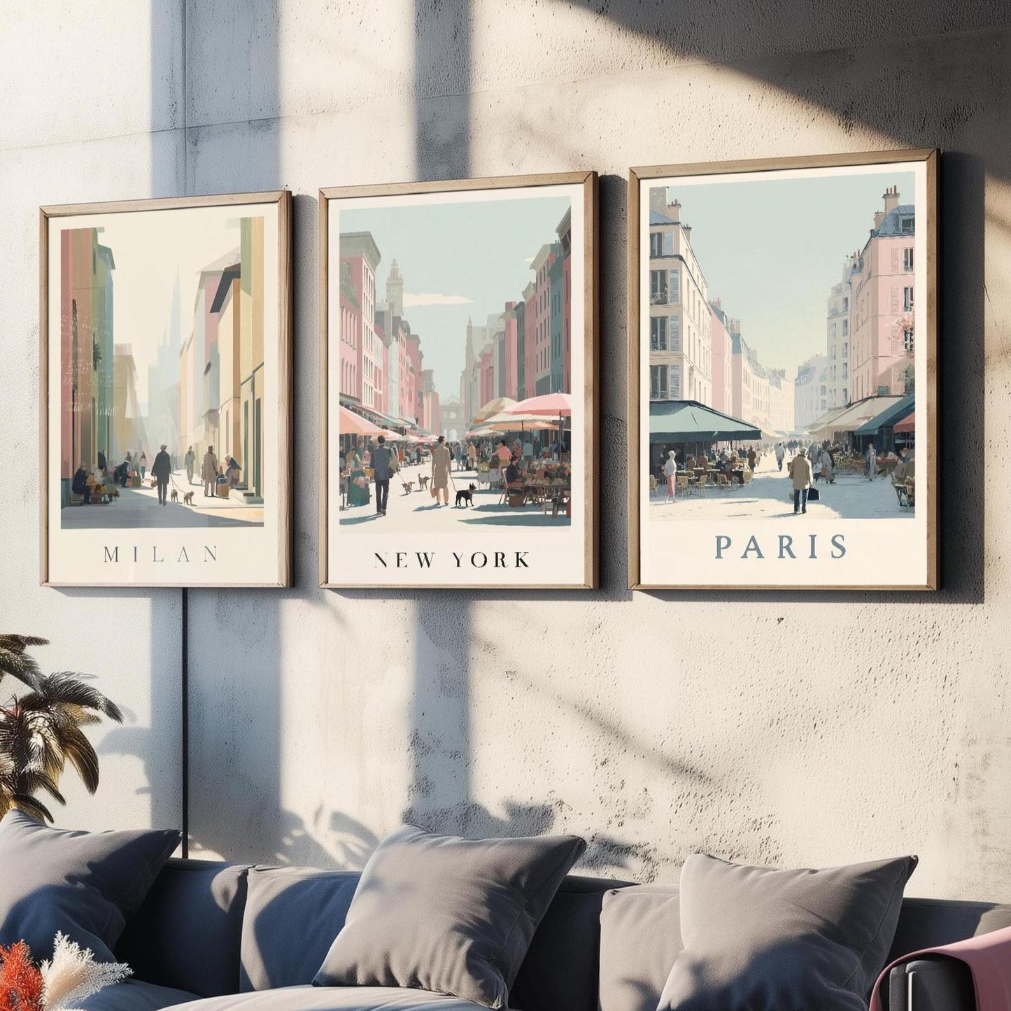 Milan, New York, Paris Set of Three Minimalist Market Posters - 3 Modern Travel Art Prints - Photo Painting Illustration Gift Map Retro