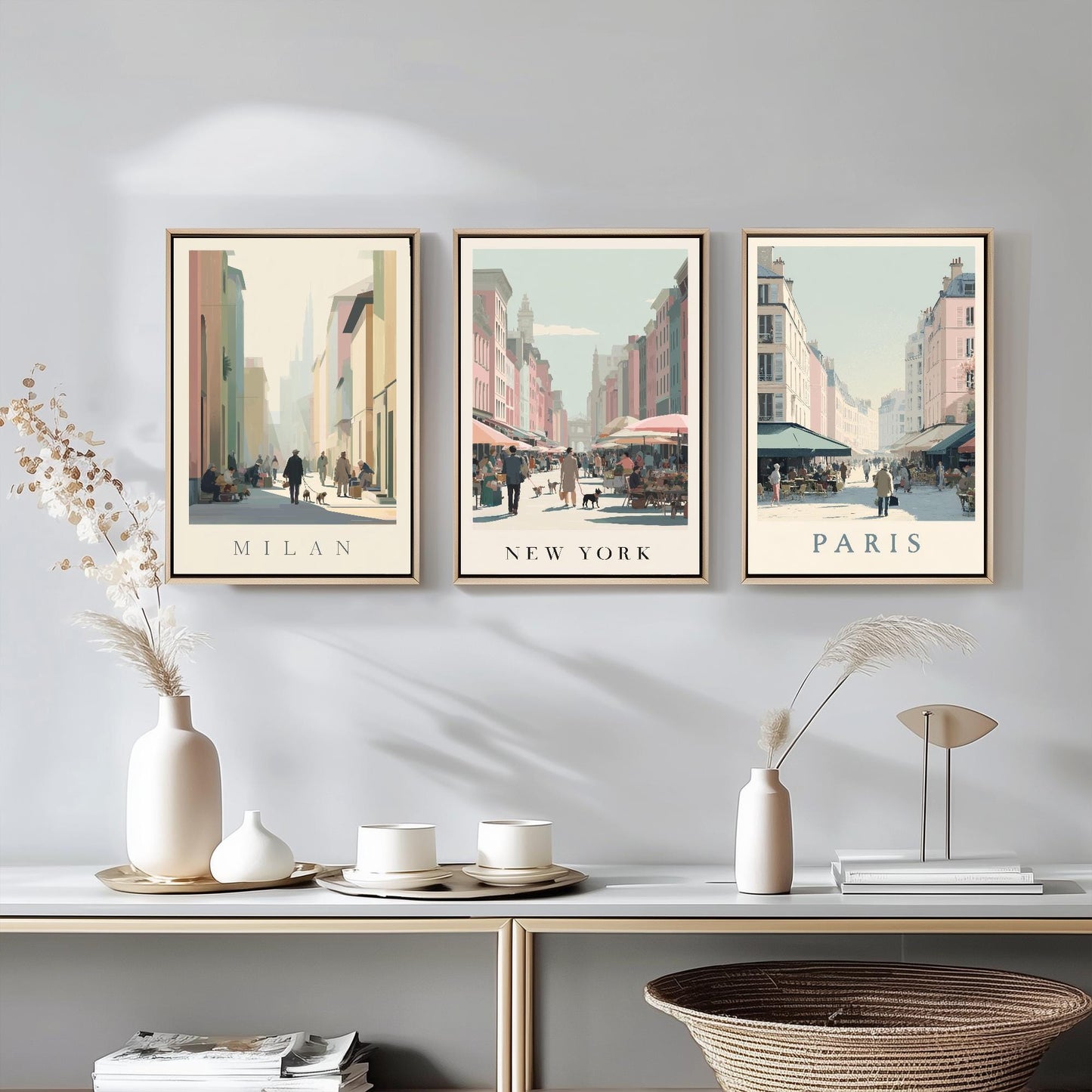 Milan, New York, Paris Set of Three Minimalist Market Posters - 3 Modern Travel Art Prints - Photo Painting Illustration Gift Map Retro