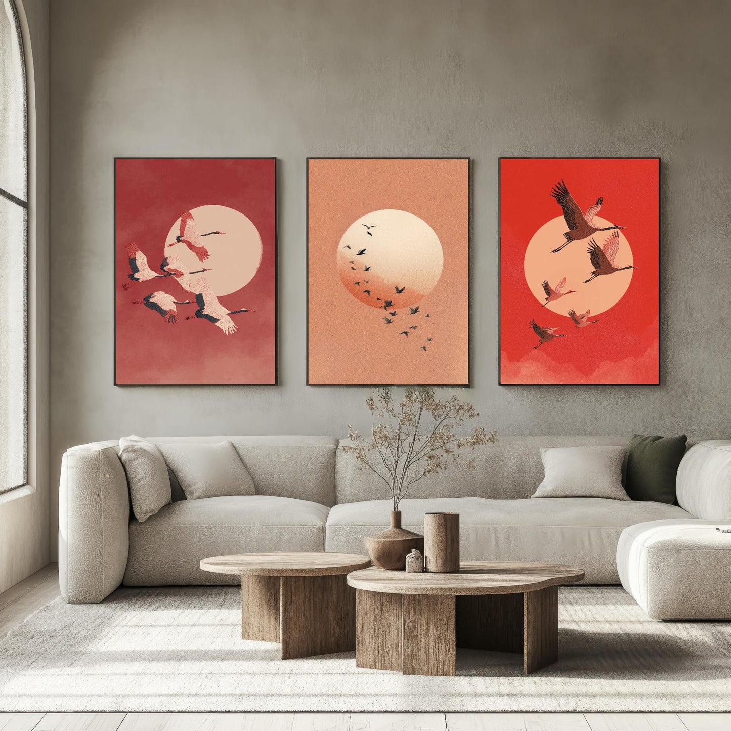 Birds in Sky with Large Moon Set of Three Art Prints - Red Tones - 3 Paintings - Subtle Japanese Style - Poster of Ukiyo-e Hokusai - Maroon