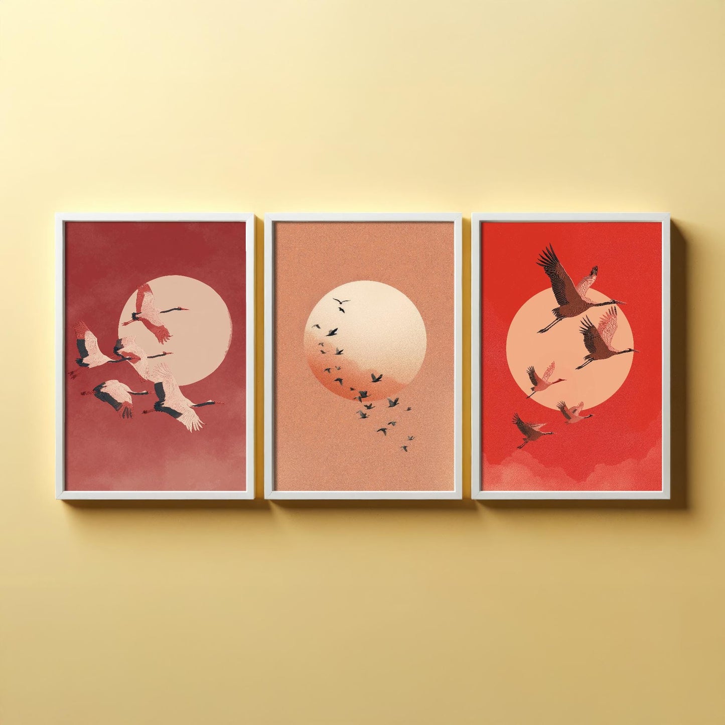 Birds in Sky with Large Moon Set of Three Art Prints - Red Tones - 3 Paintings - Subtle Japanese Style - Poster of Ukiyo-e Hokusai - Maroon