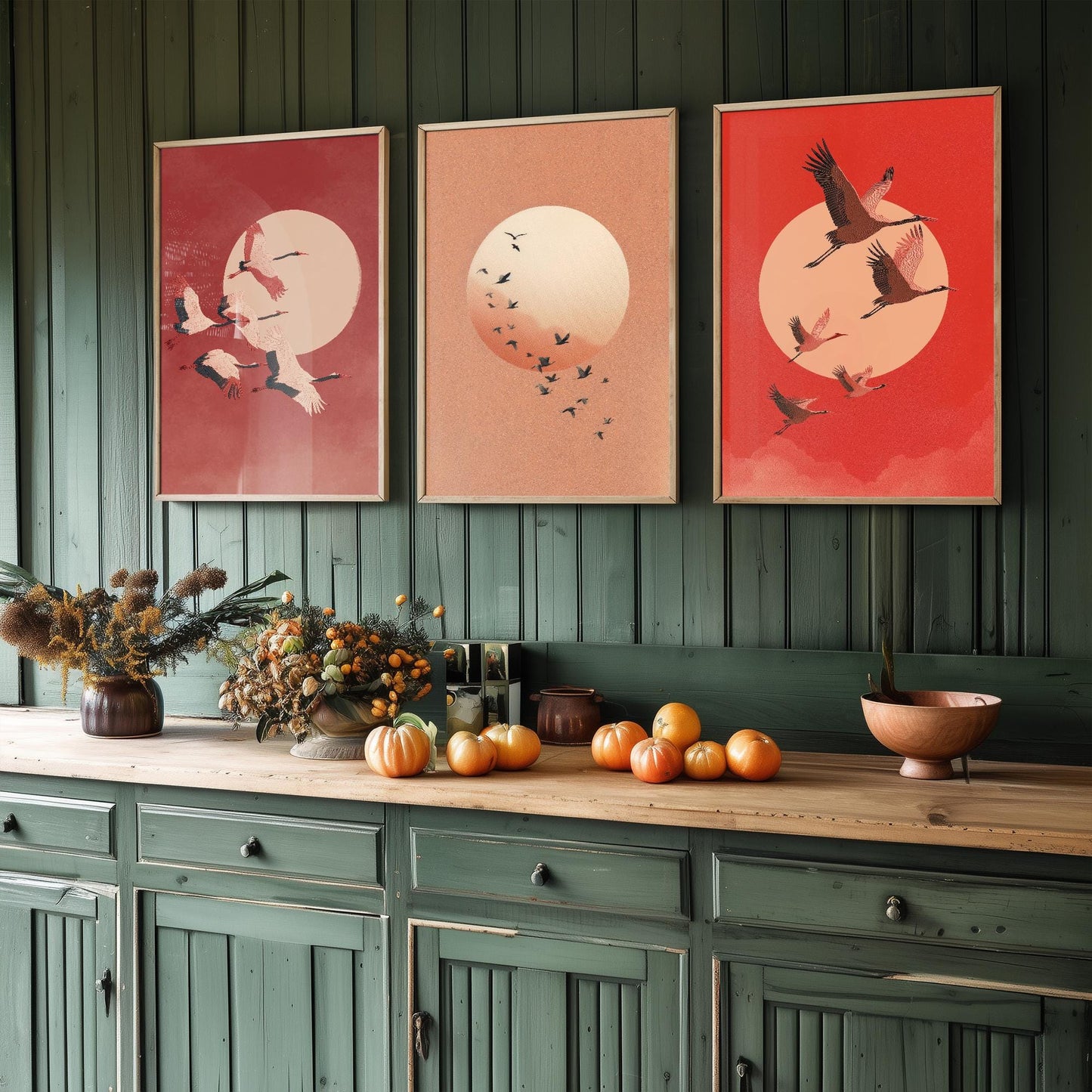 Birds in Sky with Large Moon Set of Three Art Prints - Red Tones - 3 Paintings - Subtle Japanese Style - Poster of Ukiyo-e Hokusai - Maroon