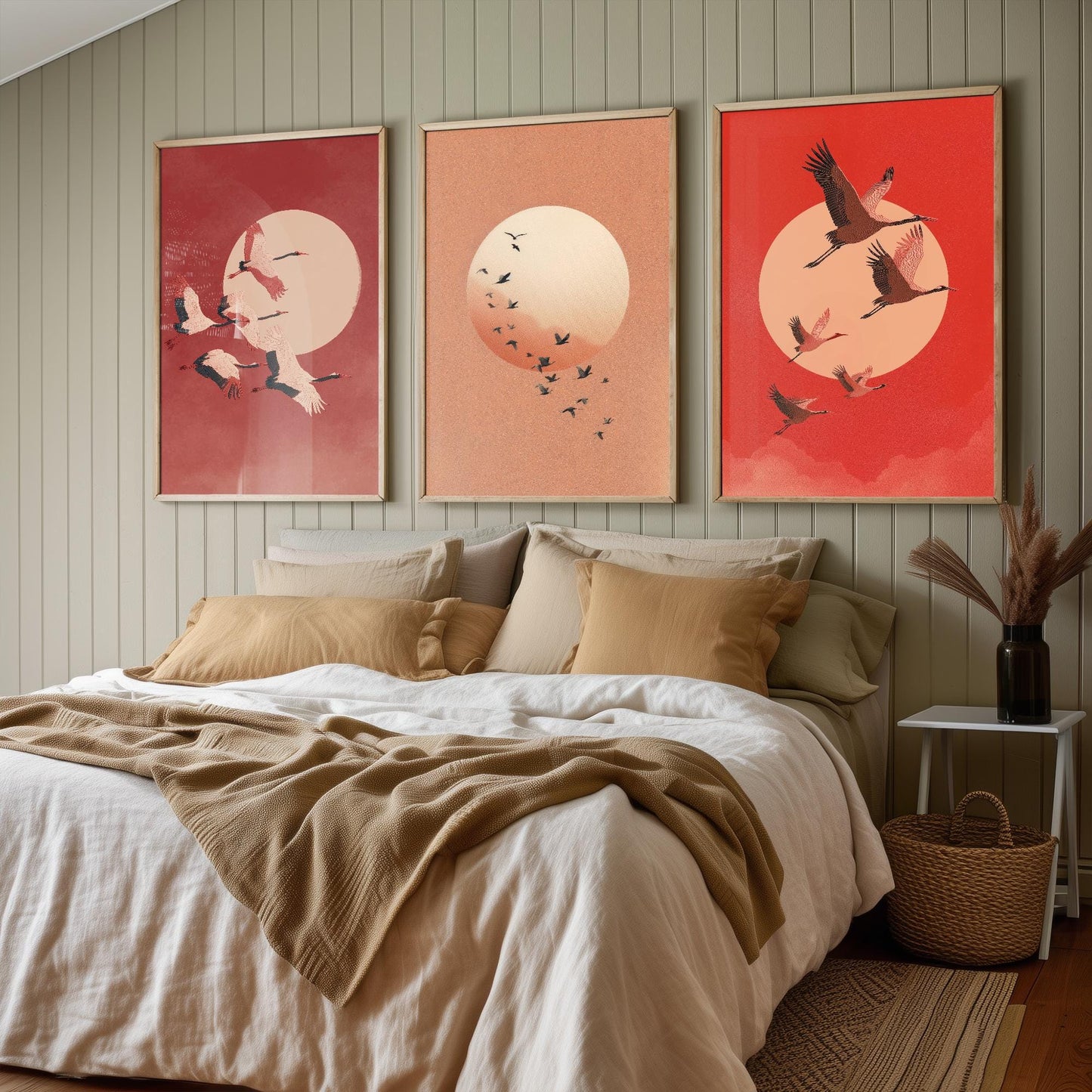 Birds in Sky with Large Moon Set of Three Art Prints - Red Tones - 3 Paintings - Subtle Japanese Style - Poster of Ukiyo-e Hokusai - Maroon