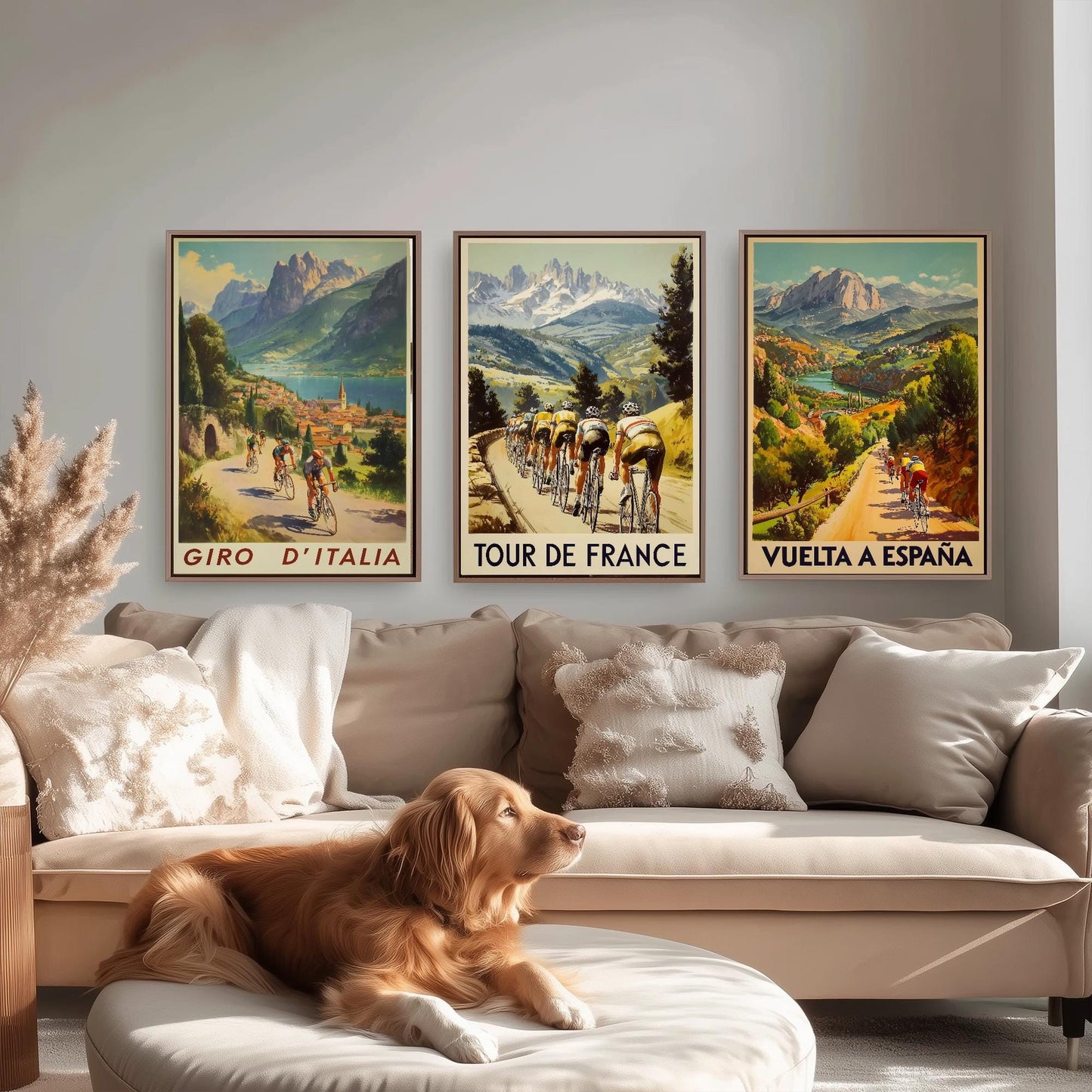 Vintage Cycling Posters - Giro D'Italia, Tour de France, Vuelta a Espana Art Prints - 3 Bicycle Painting Gift Grand Tour Road Set of Three