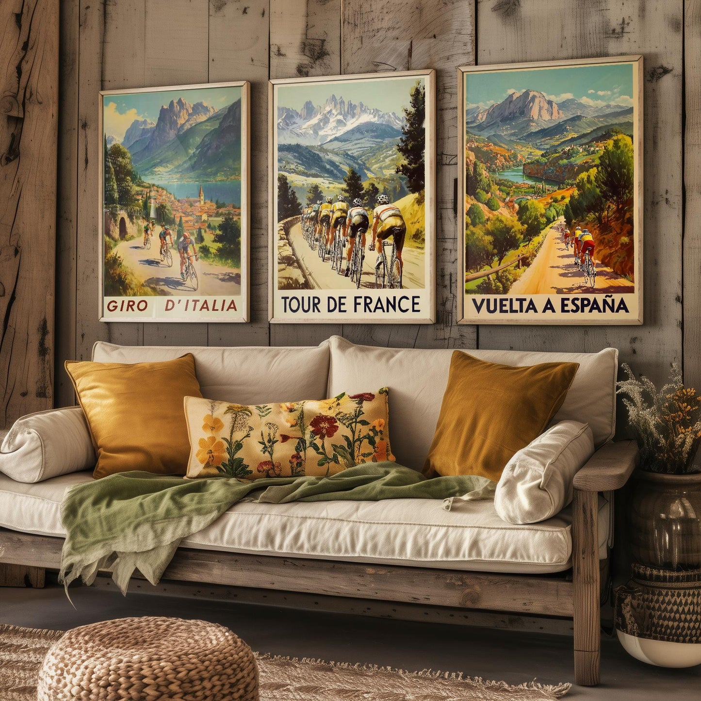 Vintage Cycling Posters - Giro D'Italia, Tour de France, Vuelta a Espana Art Prints - 3 Bicycle Painting Gift Grand Tour Road Set of Three