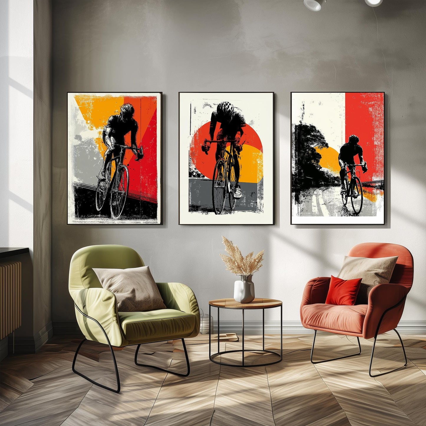 Cycling Block Print in Red Orange and Grey Set of Three Posters - 3 Sport Lycra Art Prints - Bicycle Painting Gift Grand Tour Road Racing