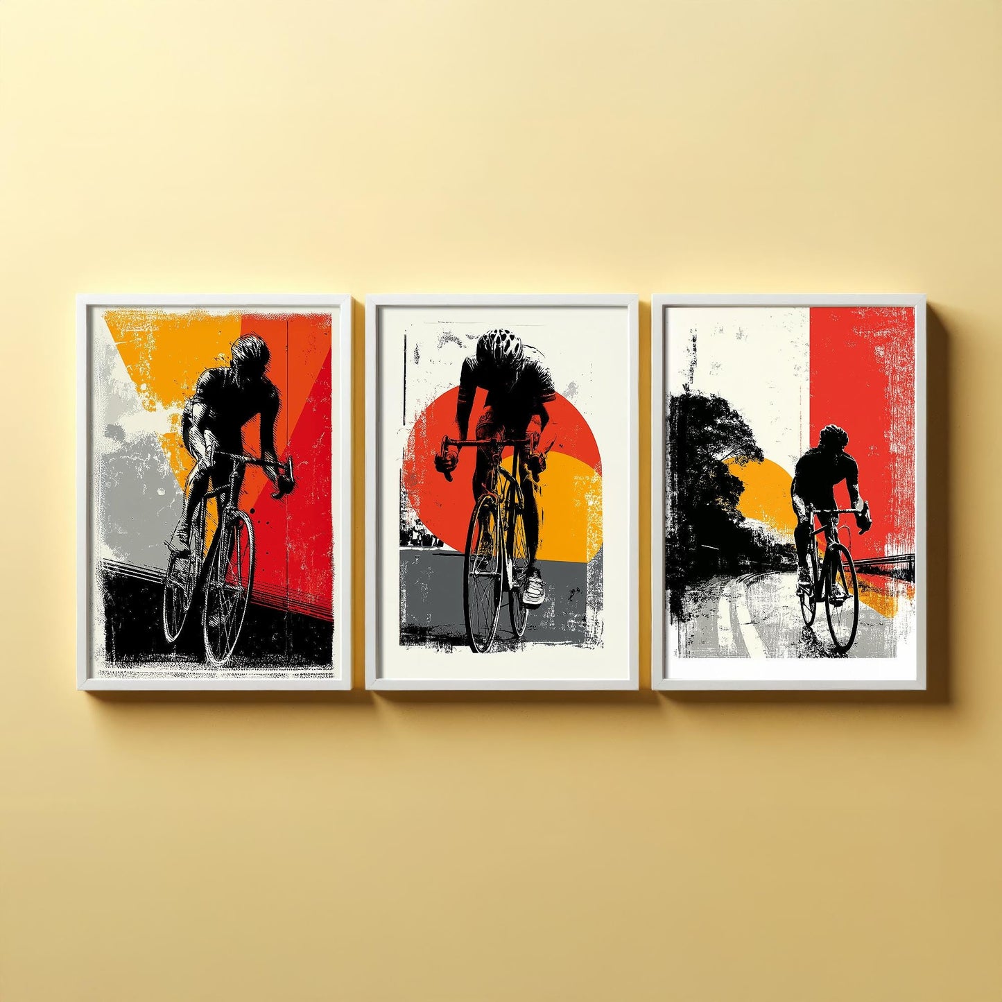 Cycling Block Print in Red Orange and Grey Set of Three Posters - 3 Sport Lycra Art Prints - Bicycle Painting Gift Grand Tour Road Racing