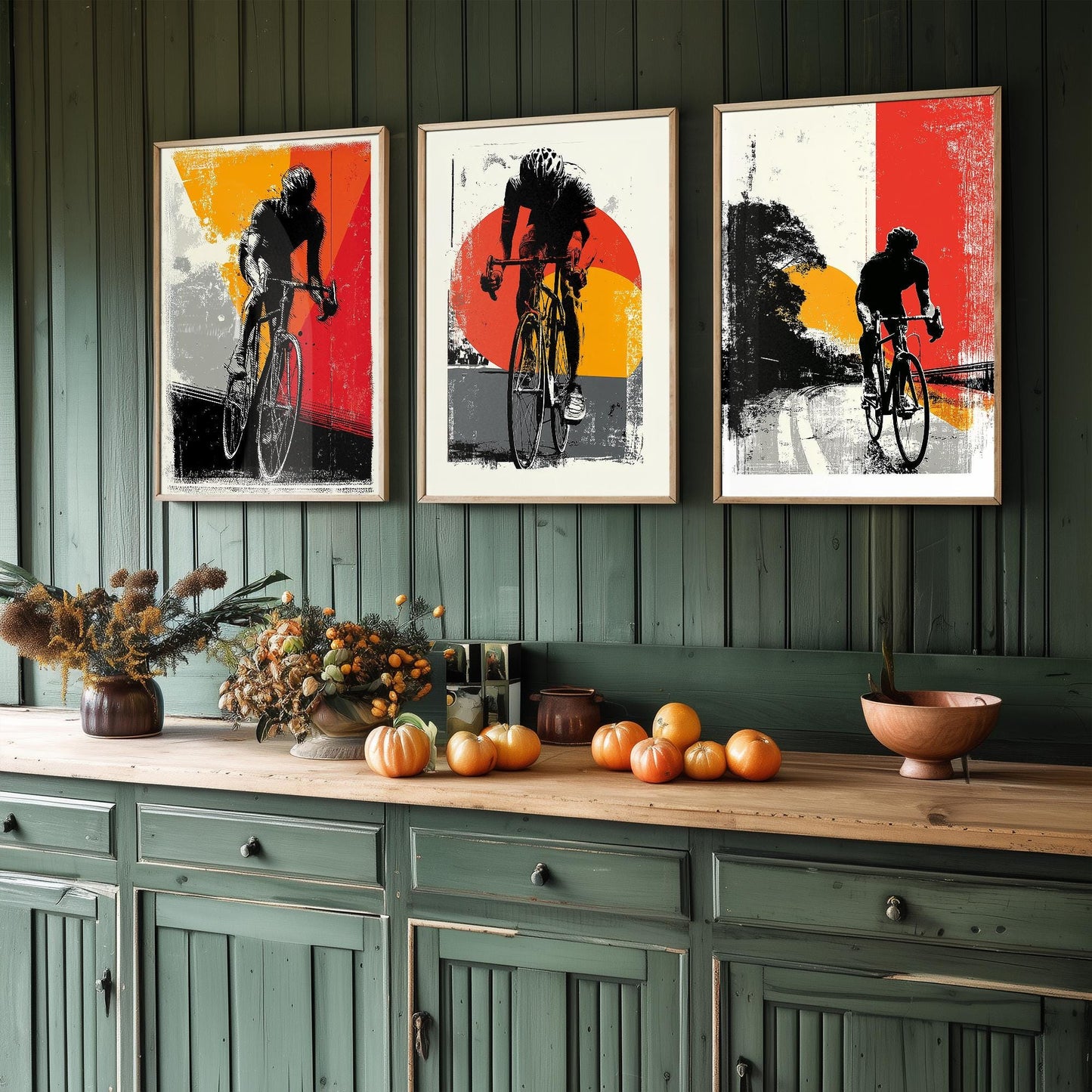 Cycling Block Print in Red Orange and Grey Set of Three Posters - 3 Sport Lycra Art Prints - Bicycle Painting Gift Grand Tour Road Racing