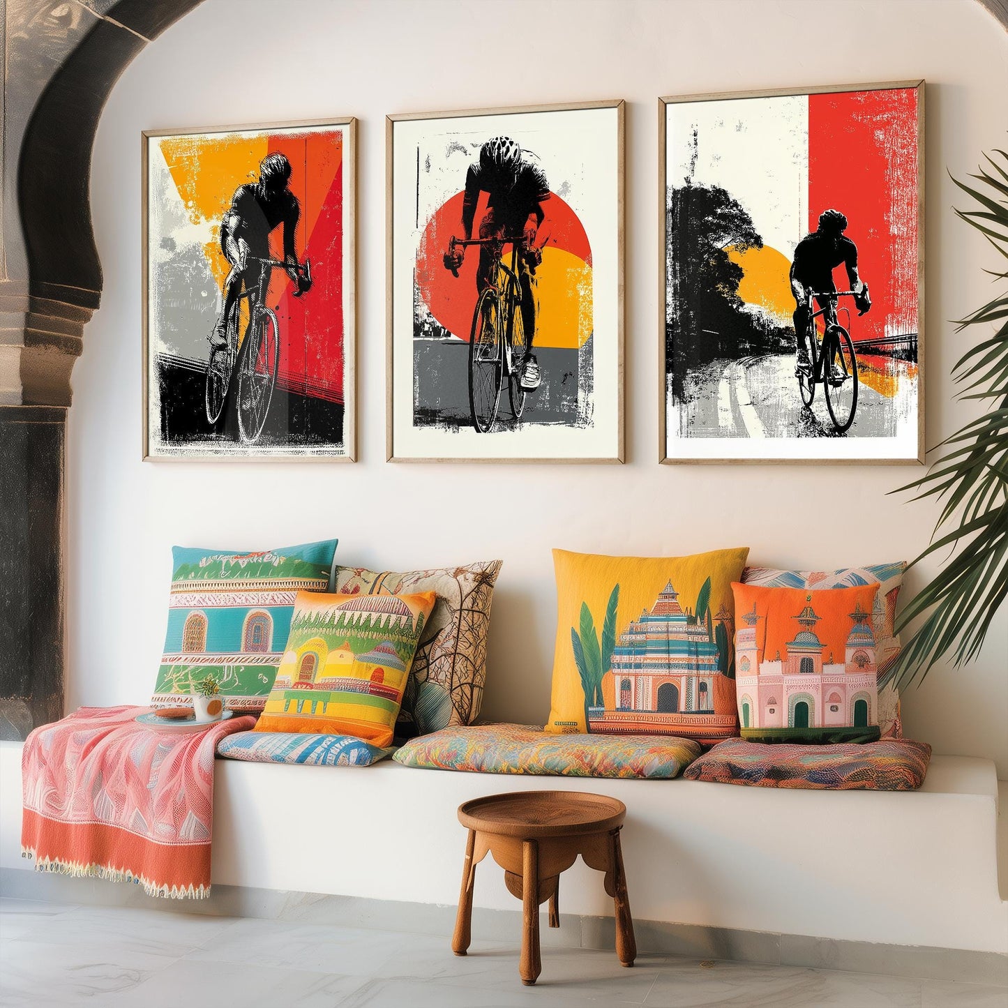 Cycling Block Print in Red Orange and Grey Set of Three Posters - 3 Sport Lycra Art Prints - Bicycle Painting Gift Grand Tour Road Racing