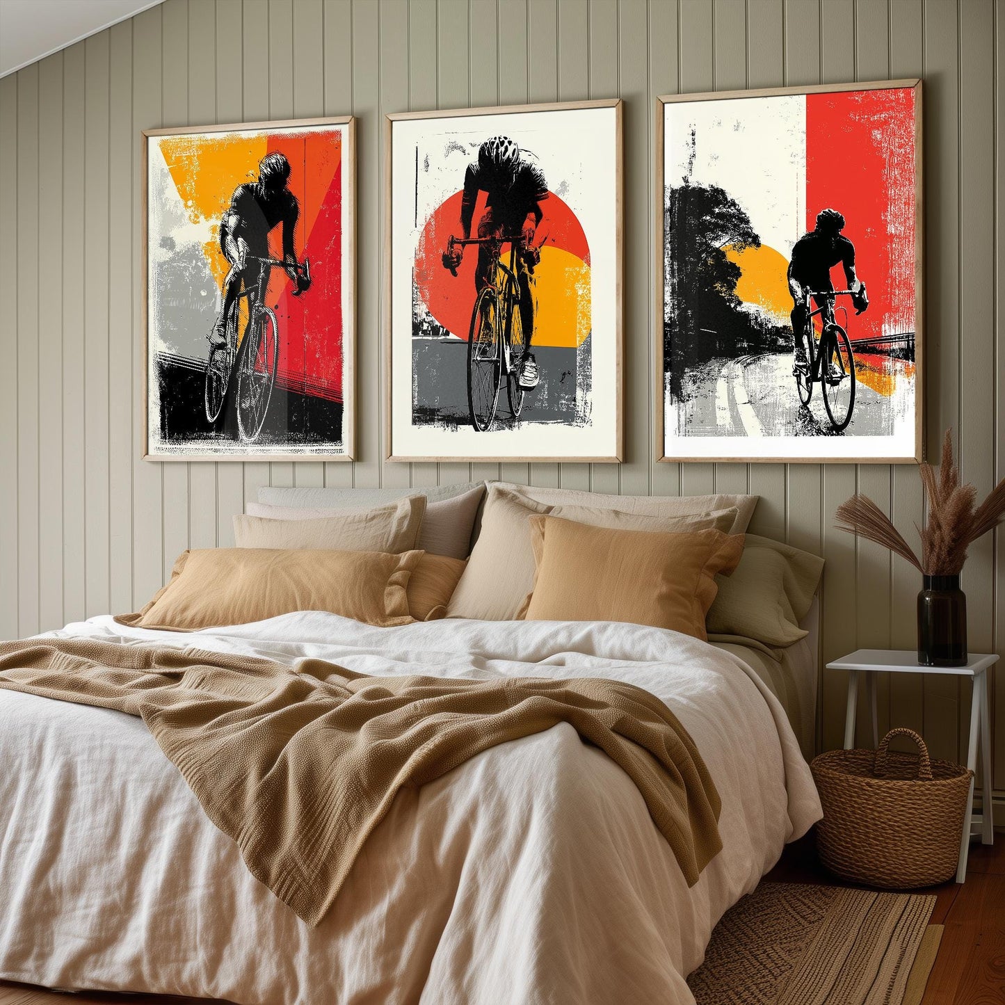 Cycling Block Print in Red Orange and Grey Set of Three Posters - 3 Sport Lycra Art Prints - Bicycle Painting Gift Grand Tour Road Racing