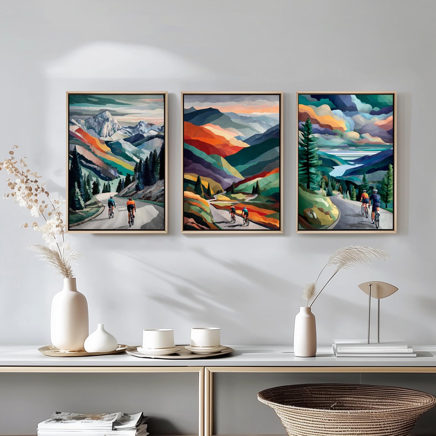 Couples Cycling Posters - Set of Three Rainbow Collage Art Prints - 3 Sport Lycra Bicycle Painting Gift Grand Tour Road Racing Husband Wife