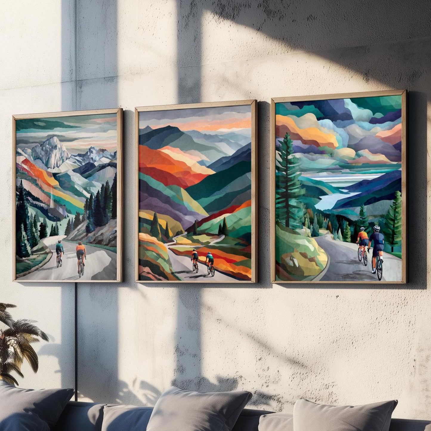 Couples Cycling Posters - Set of Three Rainbow Collage Art Prints - 3 Sport Lycra Bicycle Painting Gift Grand Tour Road Racing Husband Wife