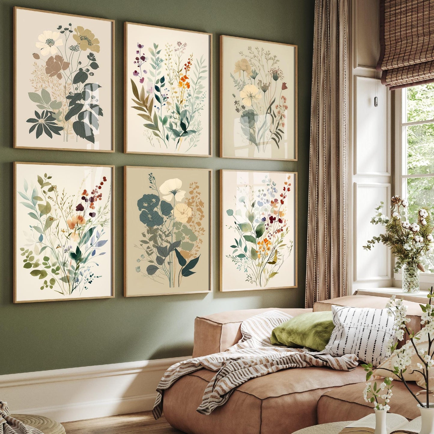 Set of Six Vintage Light Floral Art Prints - Set of 6 Flower Plants Posters - Paintings Photo Wall Gift Ferns Botanical Meadow V13 V9