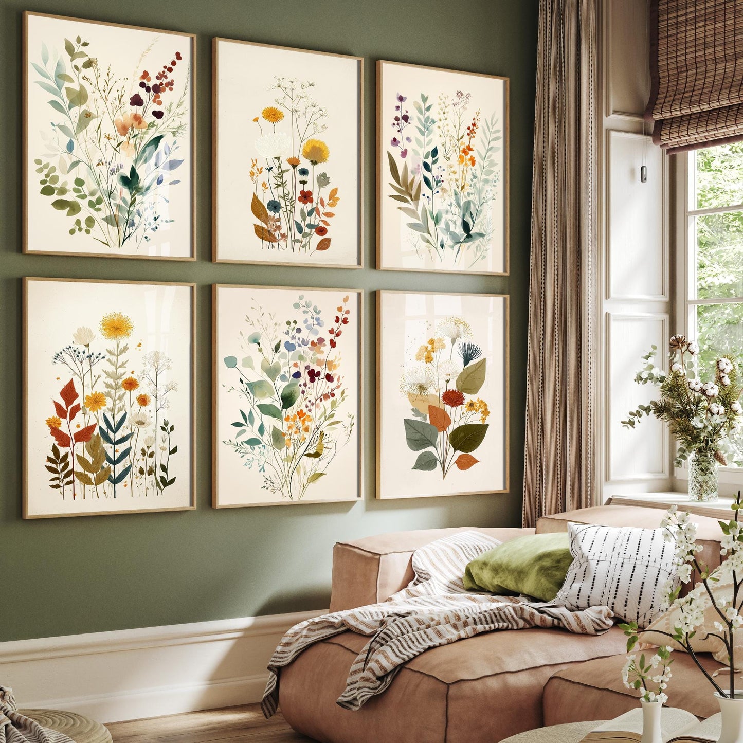 Set of Six Vintage Yellow Floral Art Prints - Set of 6 Flower Plants Posters - Paintings Photo Wall Gift Ferns Botanical Meadow V9 V7