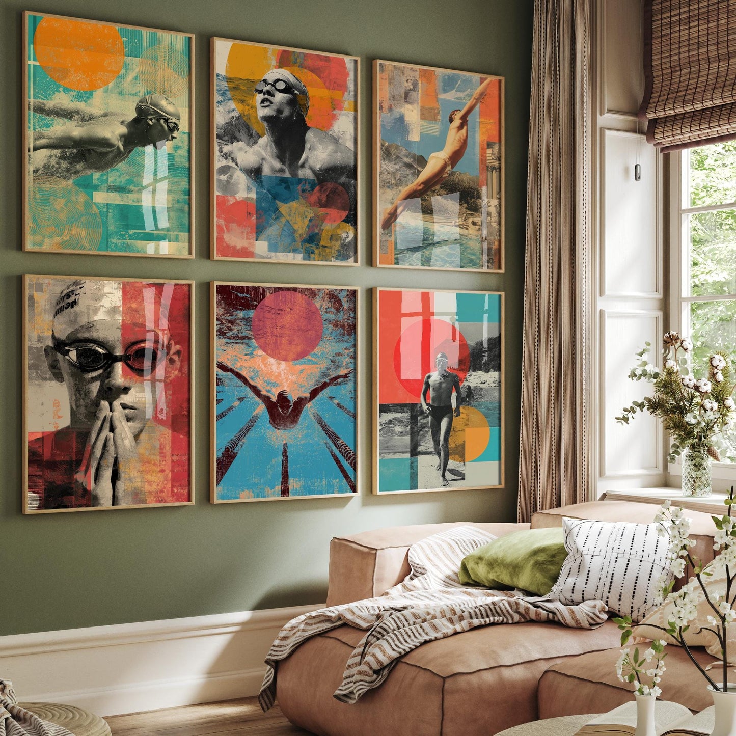 Set of Six Swimming Collage Art Prints - Set of 6 Paint Water Butterfly Stroke Pool Posters - Paintings Photo Wall Gift Sport Goggles Colour
